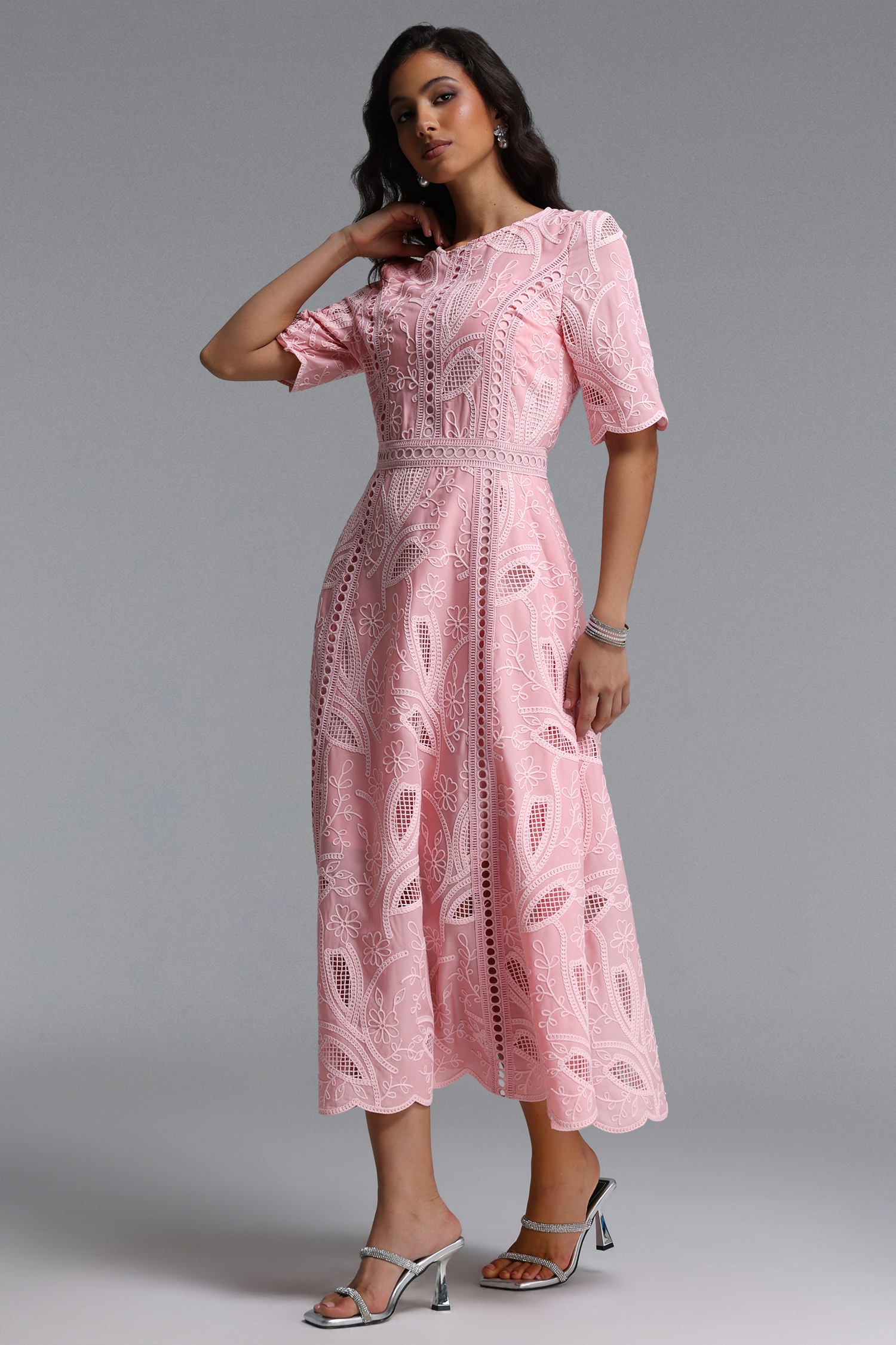 Krystal Resort Cinched Short Sleeve Embroidered Floral Lace Woven Midi Dress