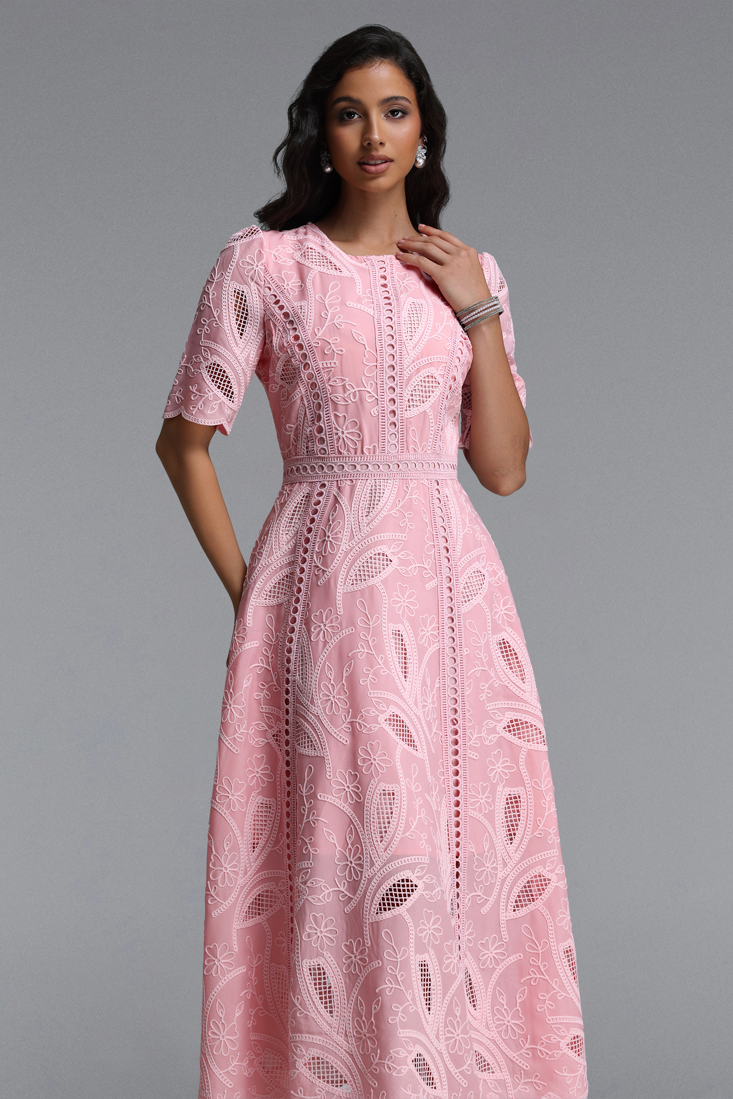 Krystal Resort Cinched Short Sleeve Embroidered Floral Lace Woven Midi Dress