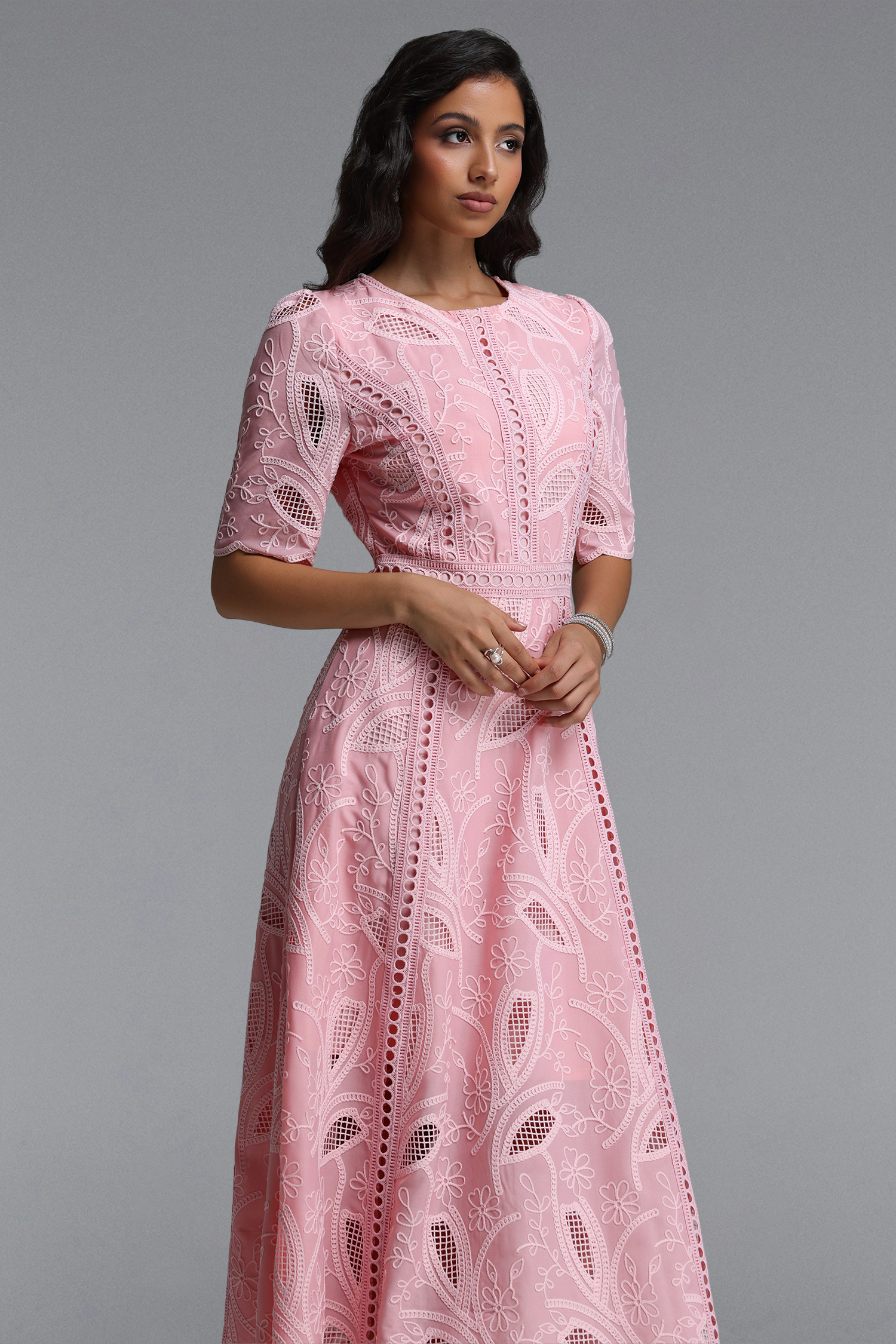 Krystal Resort Cinched Short Sleeve Embroidered Floral Lace Woven Midi Dress