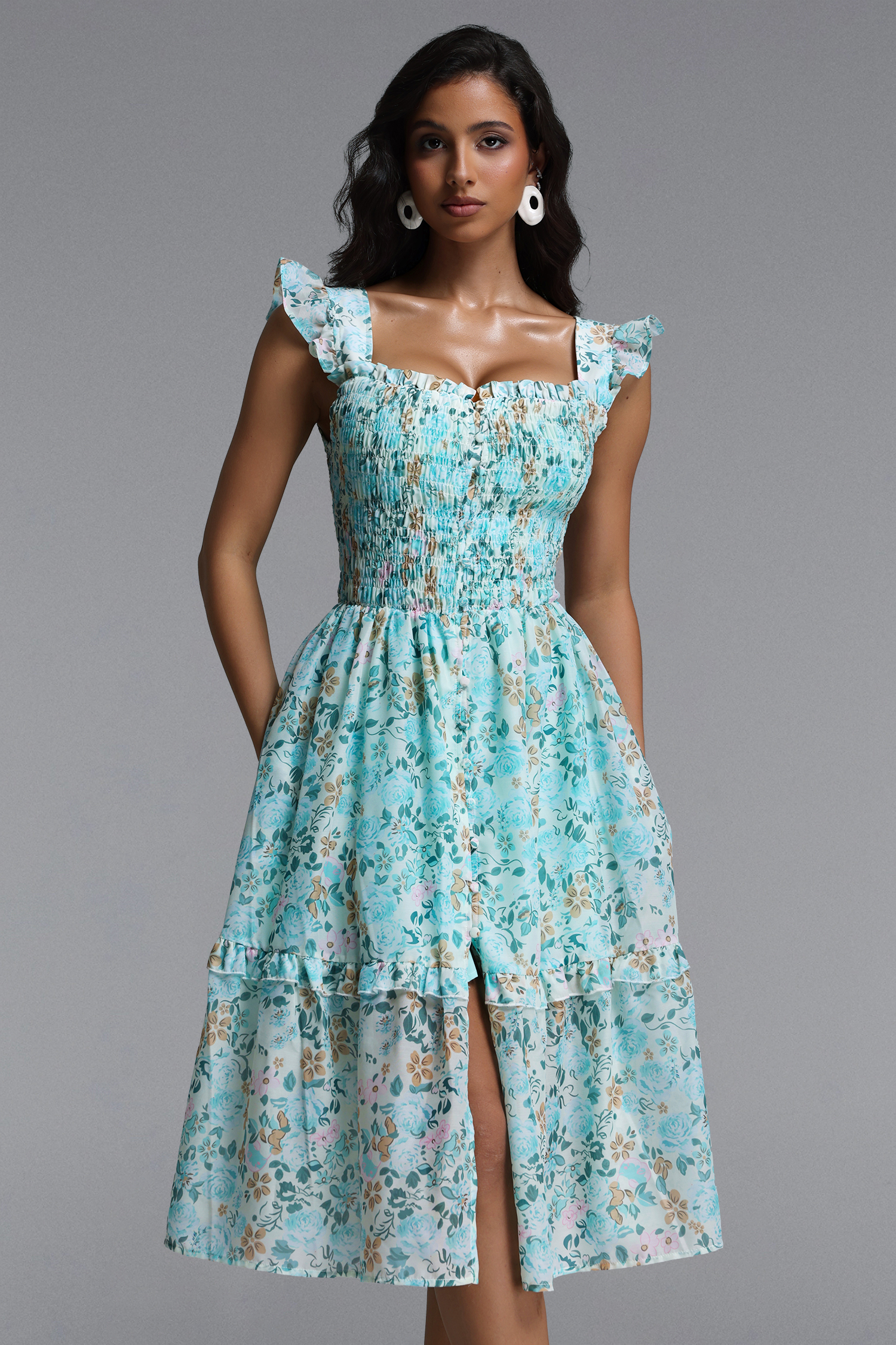 Myla Resort Flowy Sleeveless Ruffle Floral Print Woven Midi Dress