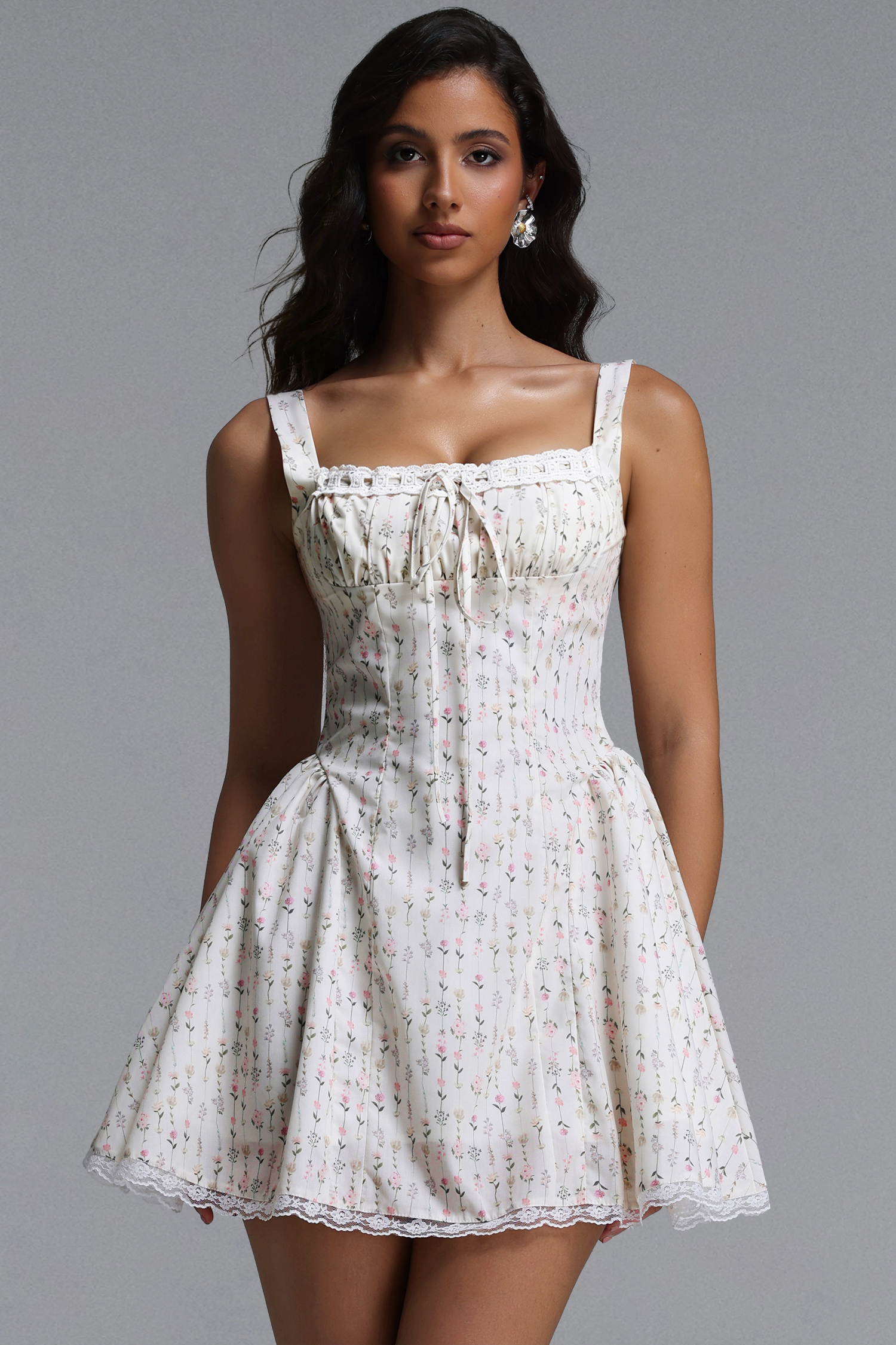 Reyna Romantic Cinched Sleeveless Floral Print Ruched Woven Mini Dress