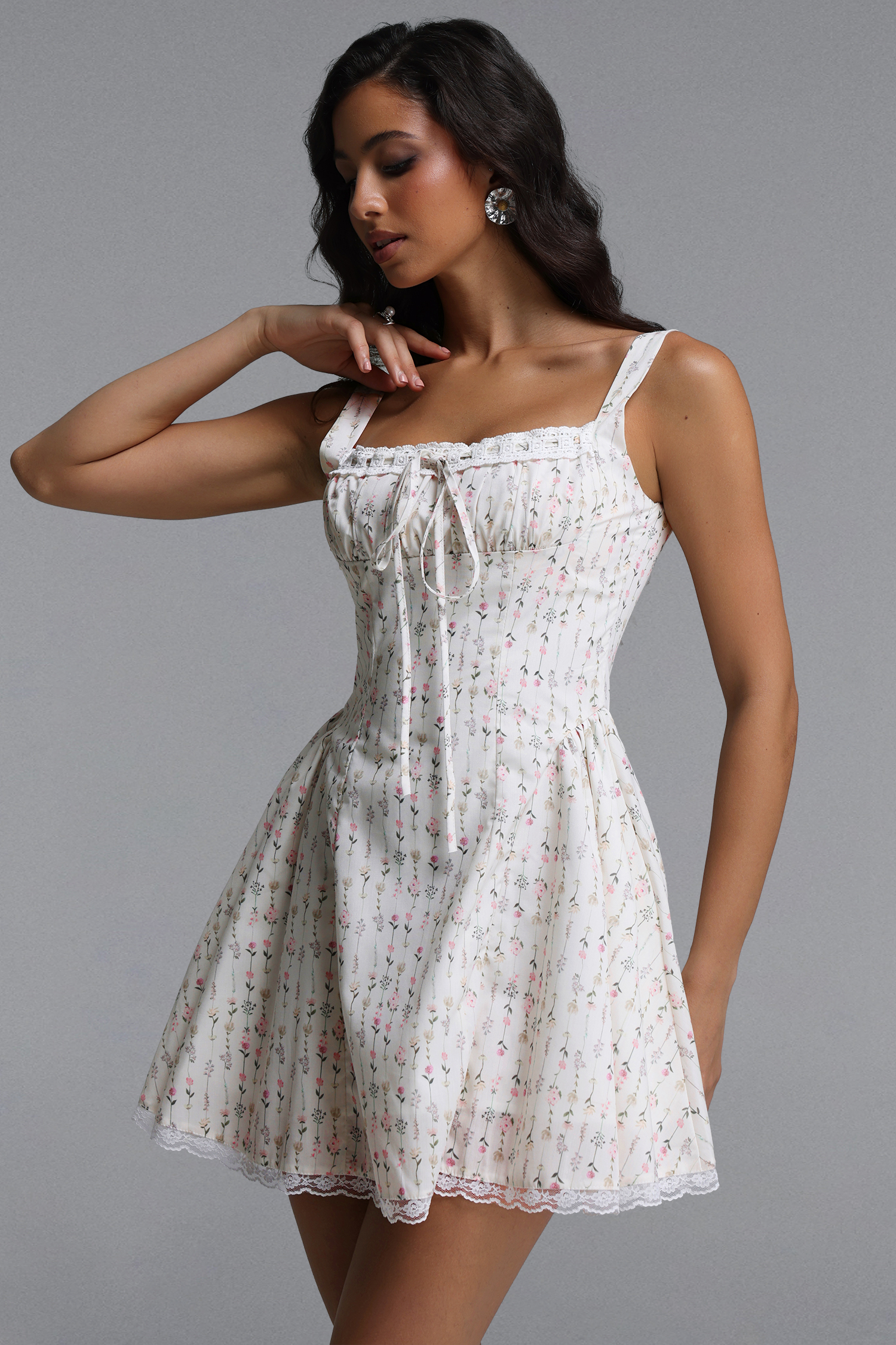 Reyna Romantic Cinched Sleeveless Floral Print Ruched Woven Mini Dress