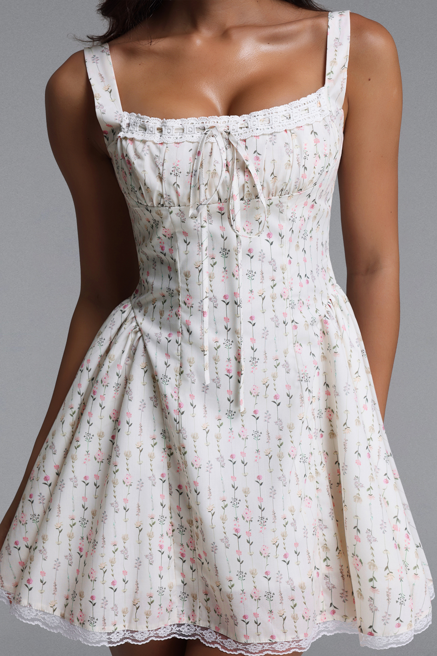 Reyna Romantic Cinched Sleeveless Floral Print Ruched Woven Mini Dress