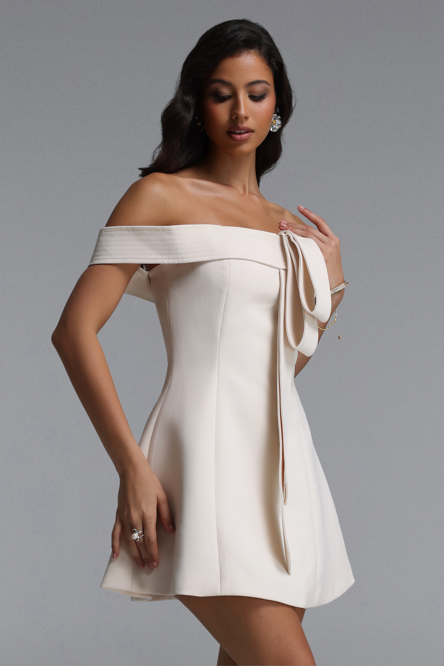 Morgan Chic Tailored Off Shoulder Woven Mini Dress