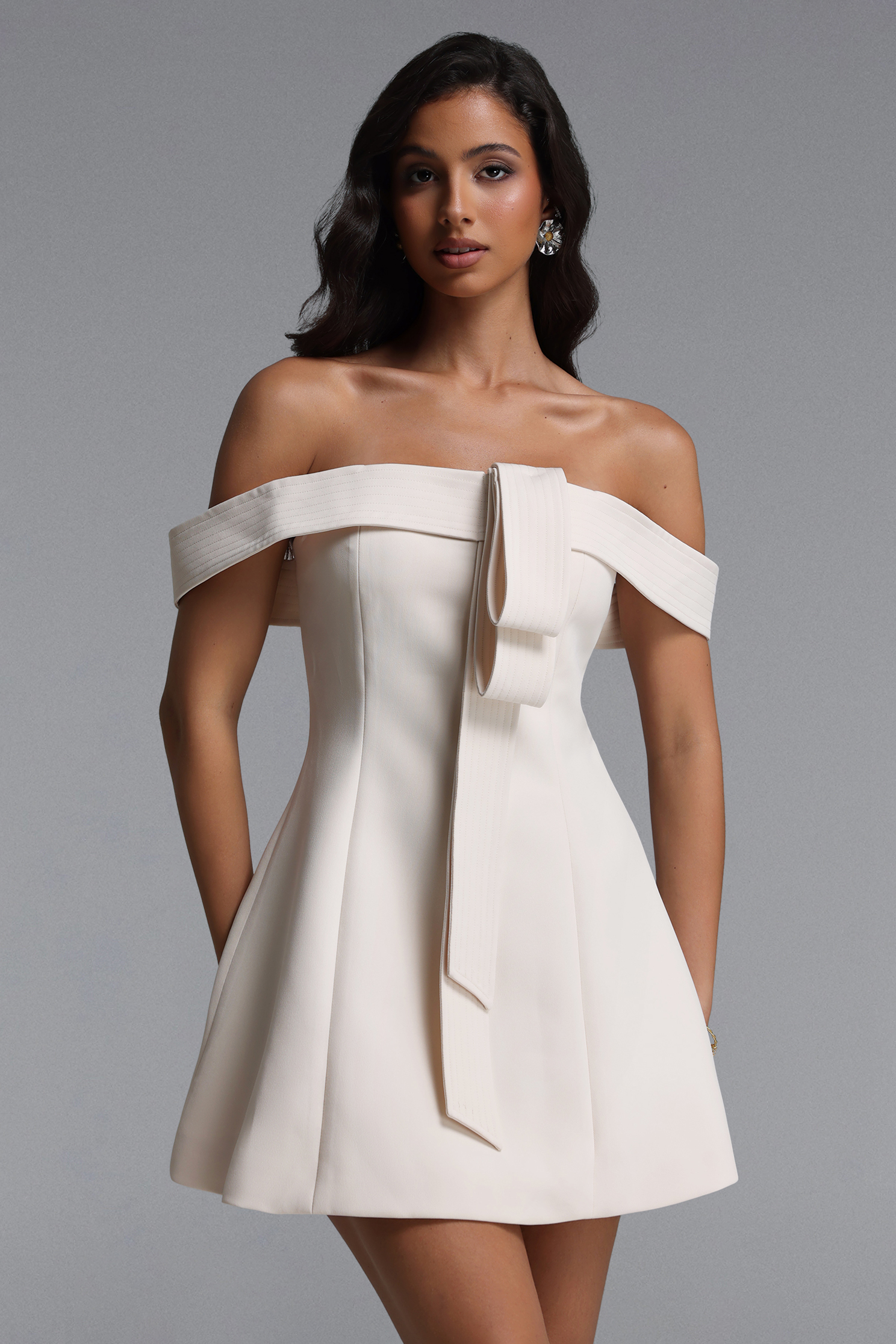 Morgan Chic Tailored Off Shoulder Woven Mini Dress