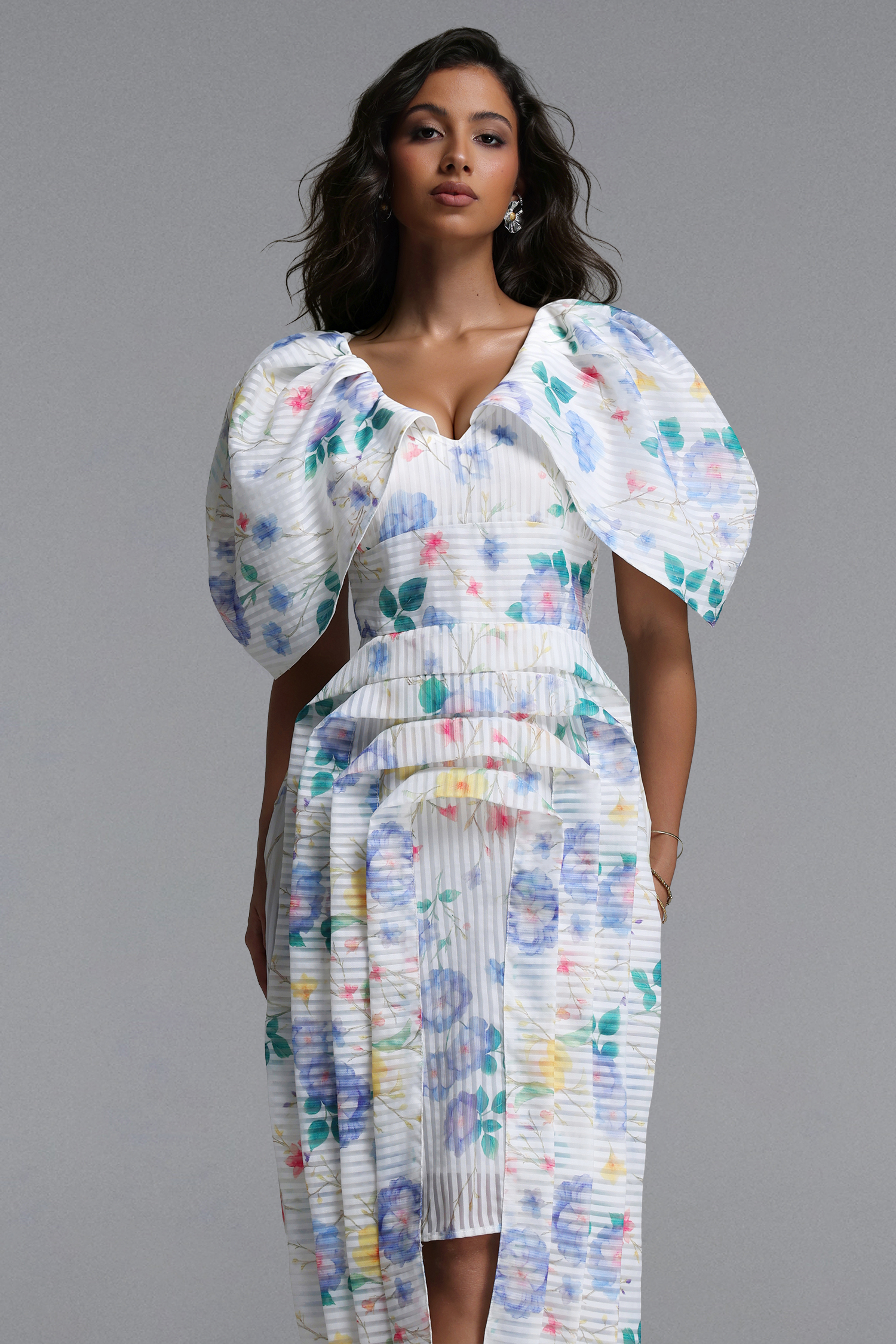 Wezal Chic Tailored Floral Print Stripe Woven Midi Dress