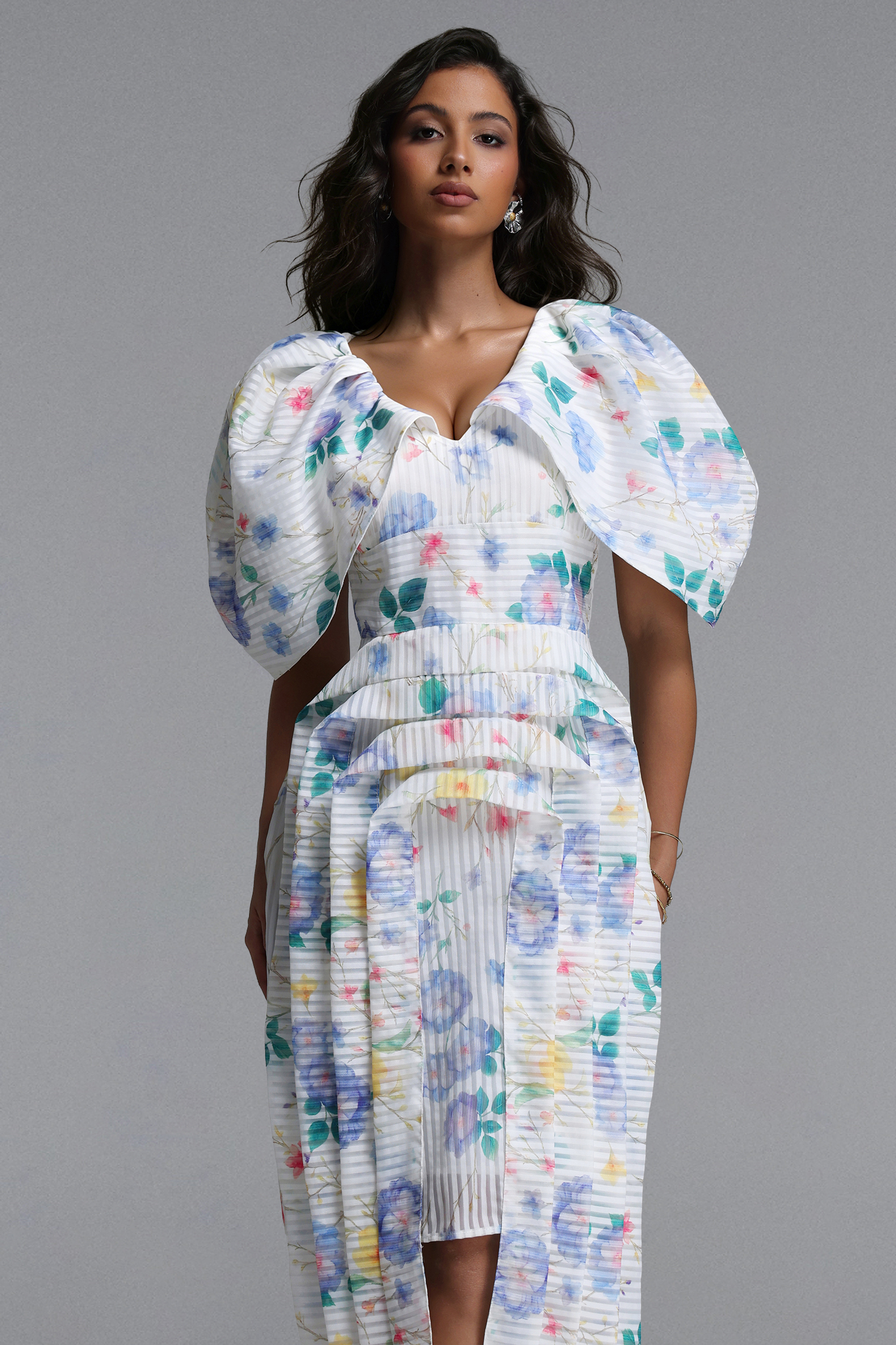 Wezal Chic Tailored Floral Print Stripe Woven Midi Dress