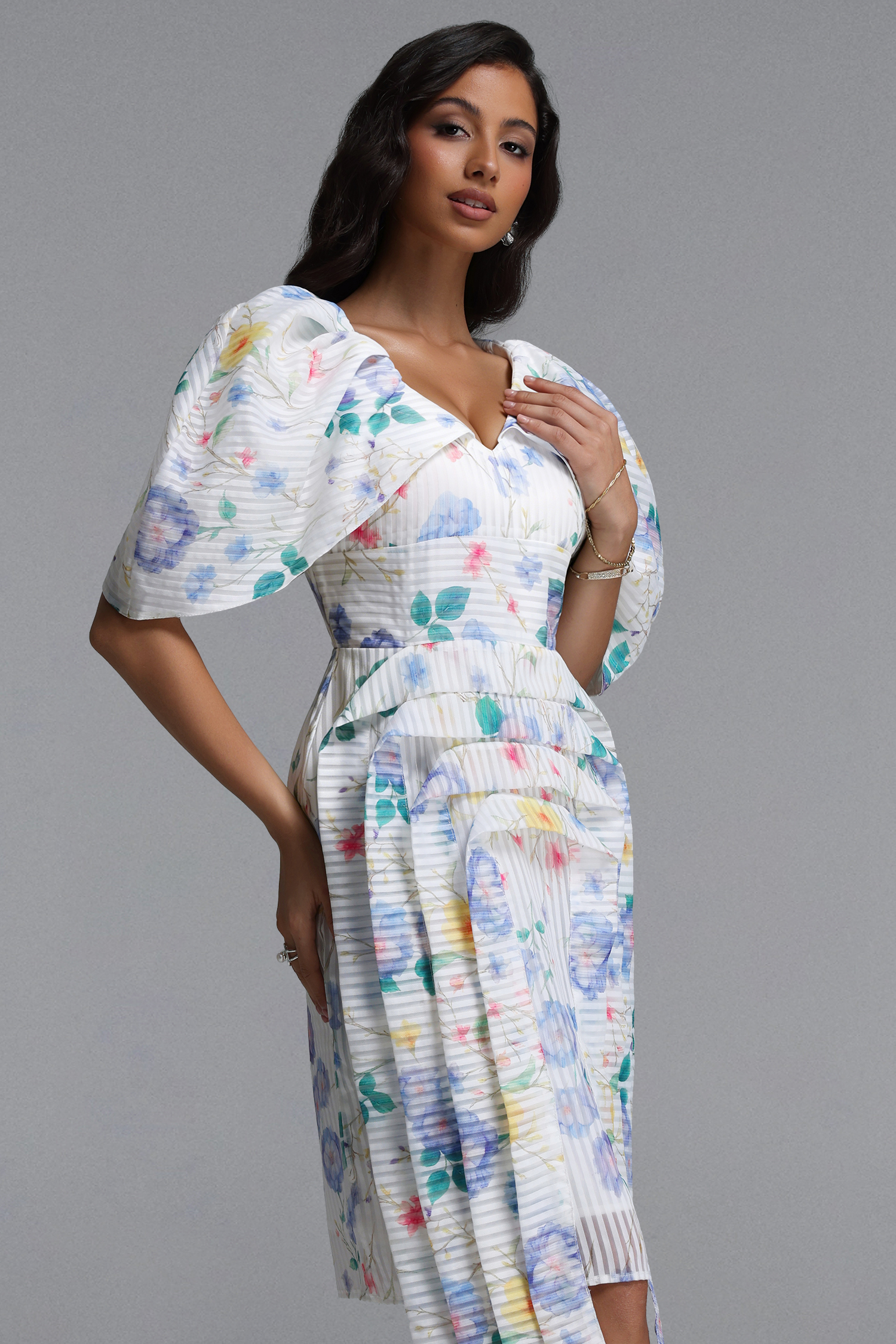 Wezal Chic Tailored Floral Print Stripe Woven Midi Dress