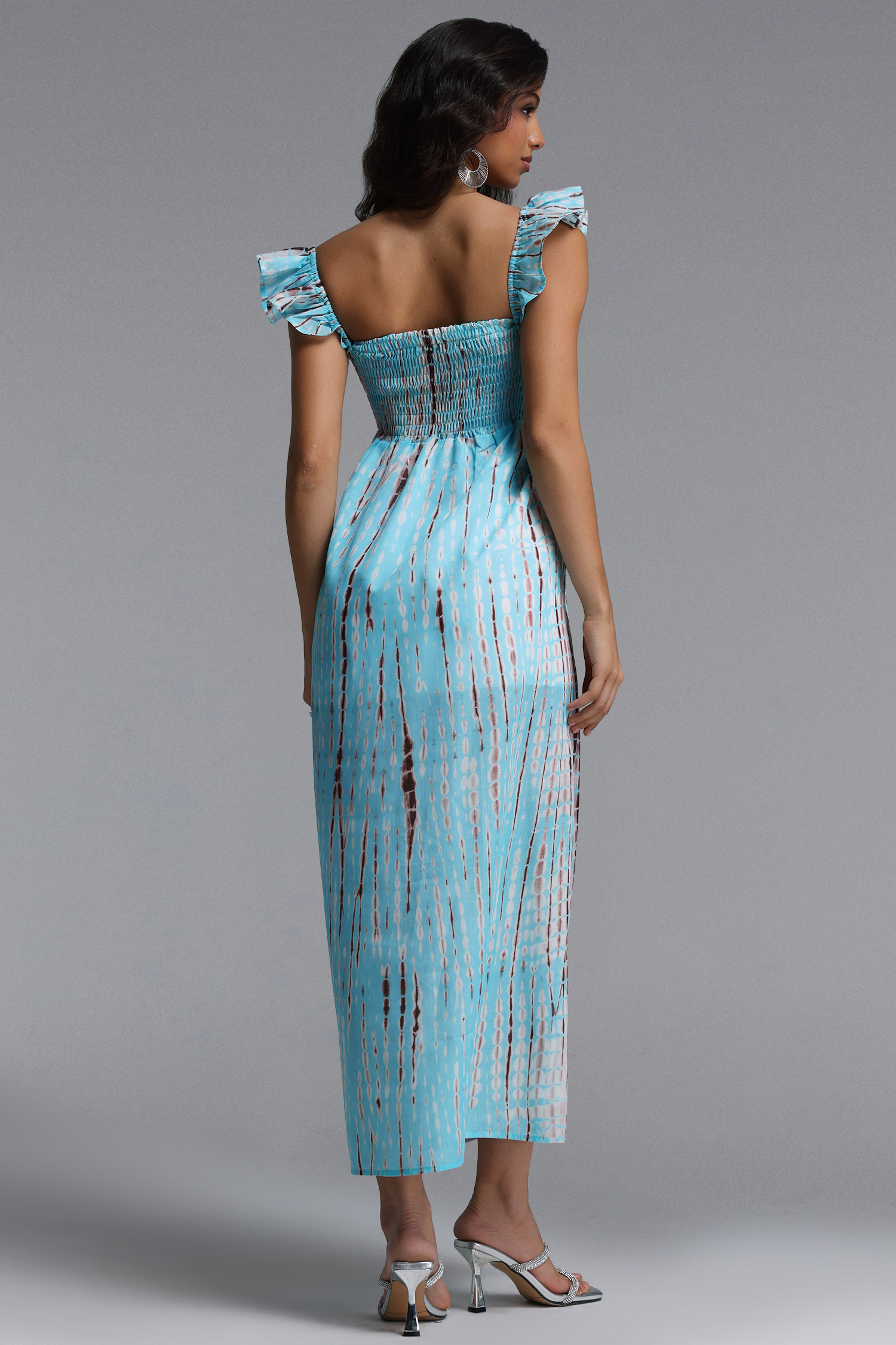Hailey Resort Flowy Sleeveless Ruffle High Slit Print Woven Maxi Dress