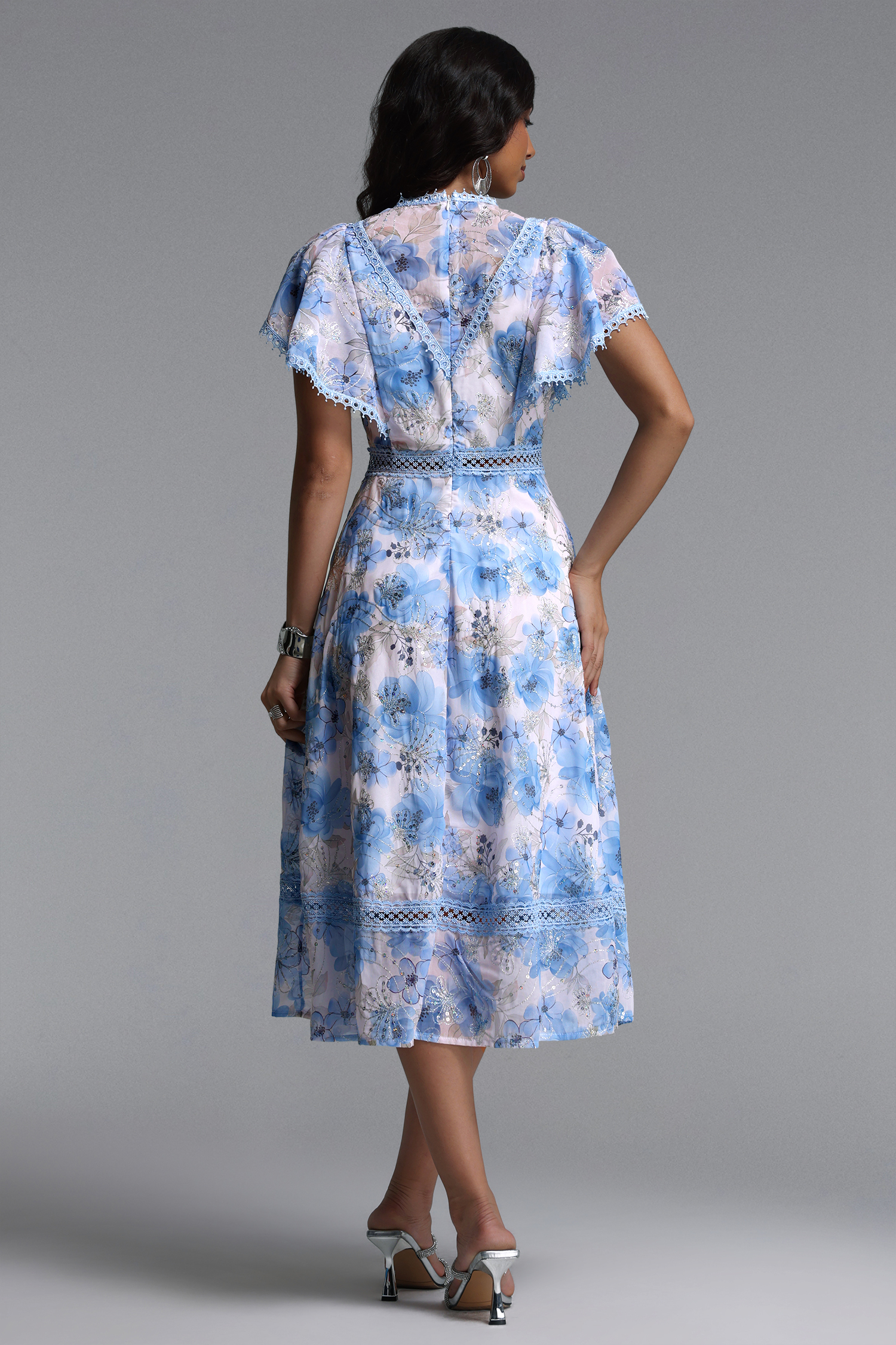 Machi Resort Flowy Short Sleeve Sequin Embroidered Ruffle Floral Print Woven Midi Dress