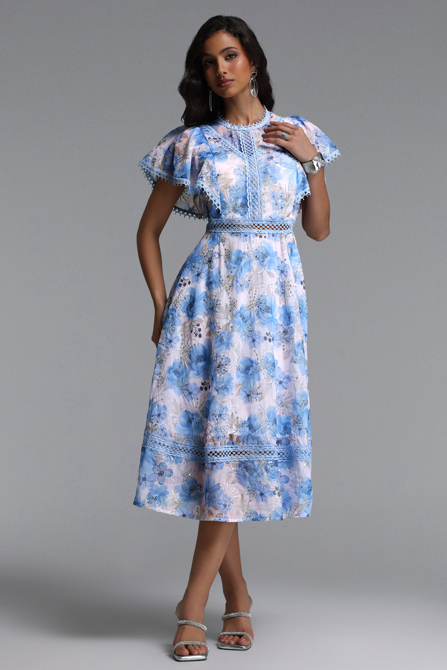 Machi Resort Flowy Short Sleeve Sequin Embroidered Ruffle Floral Print Woven Midi Dress