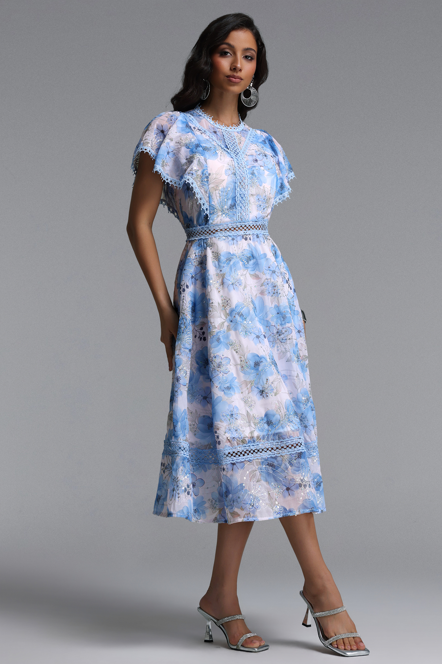 Machi Resort Flowy Short Sleeve Sequin Embroidered Ruffle Floral Print Woven Midi Dress