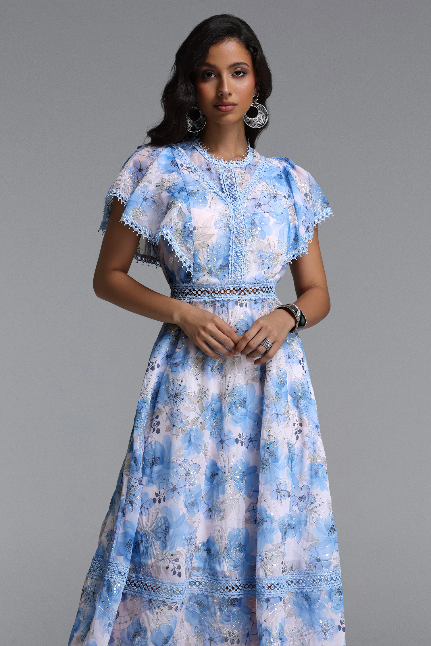 Machi Resort Flowy Short Sleeve Sequin Embroidered Ruffle Floral Print Woven Midi Dress