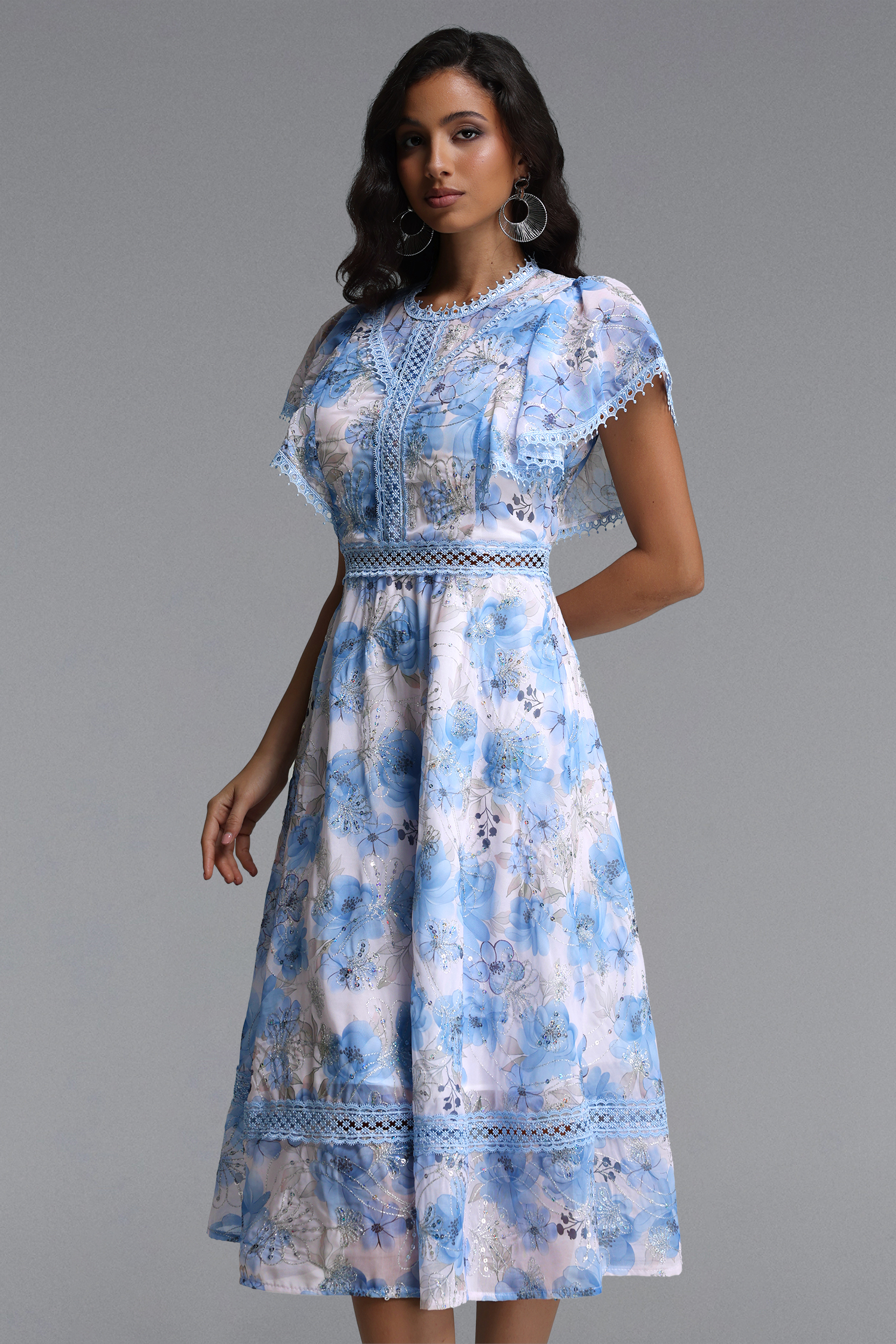 Machi Resort Flowy Short Sleeve Sequin Embroidered Ruffle Floral Print Woven Midi Dress