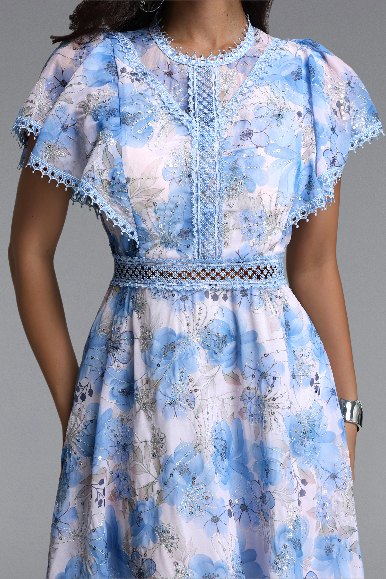 Machi Resort Flowy Short Sleeve Sequin Embroidered Ruffle Floral Print Woven Midi Dress