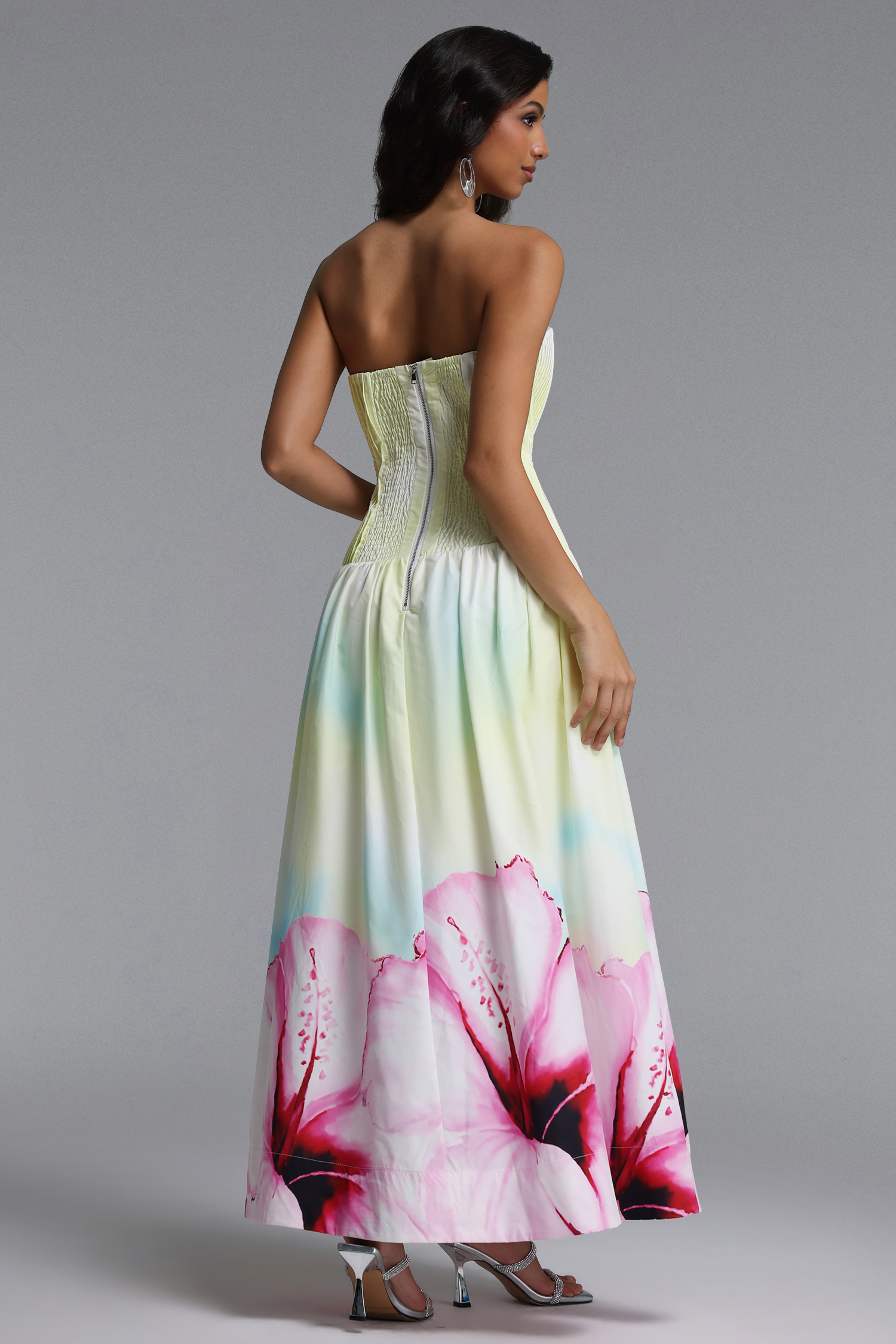 Marge Resort Cinched Sleeveless Floral Print Ruched Woven Maxi Dress