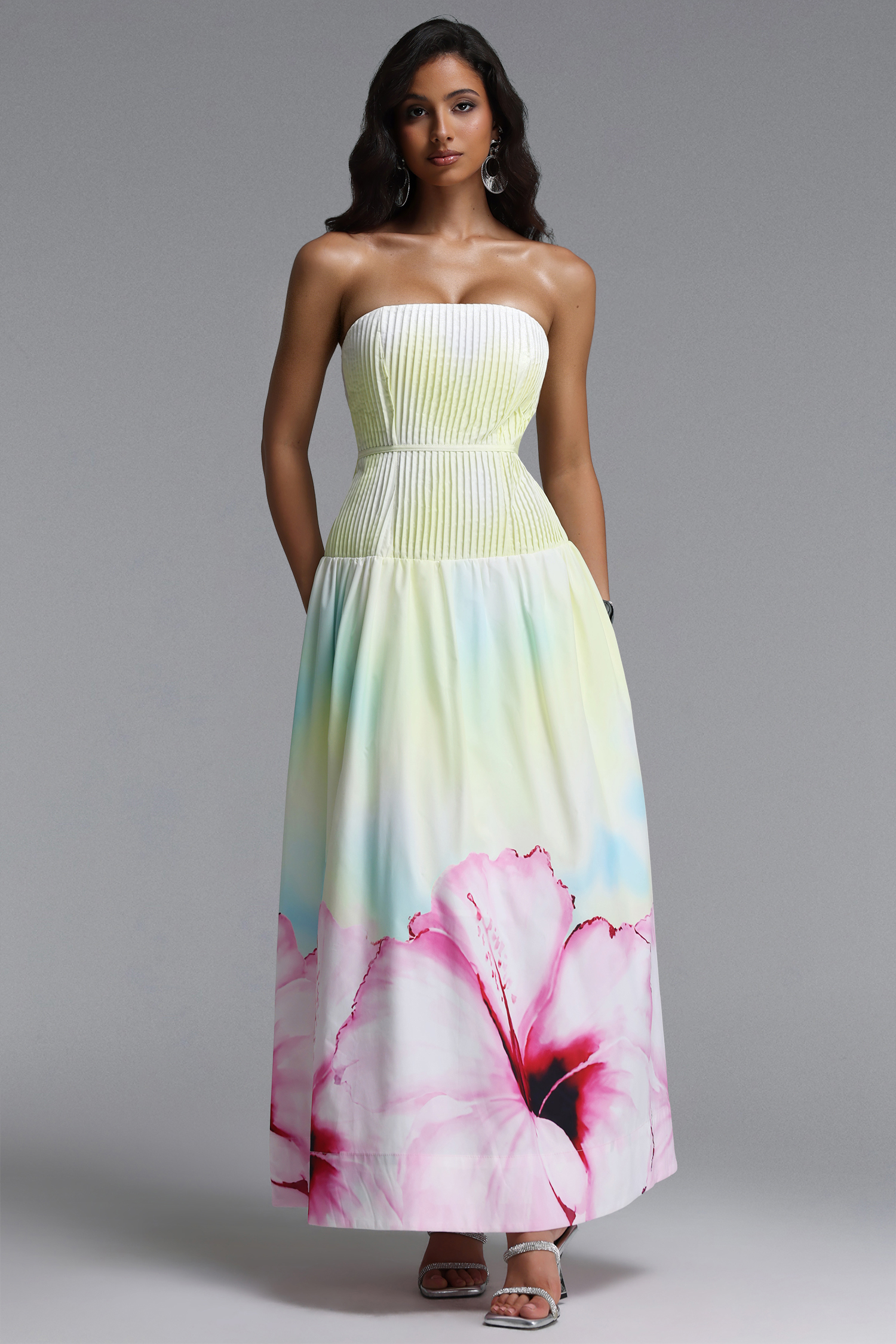 Marge Resort Cinched Sleeveless Floral Print Ruched Woven Maxi Dress