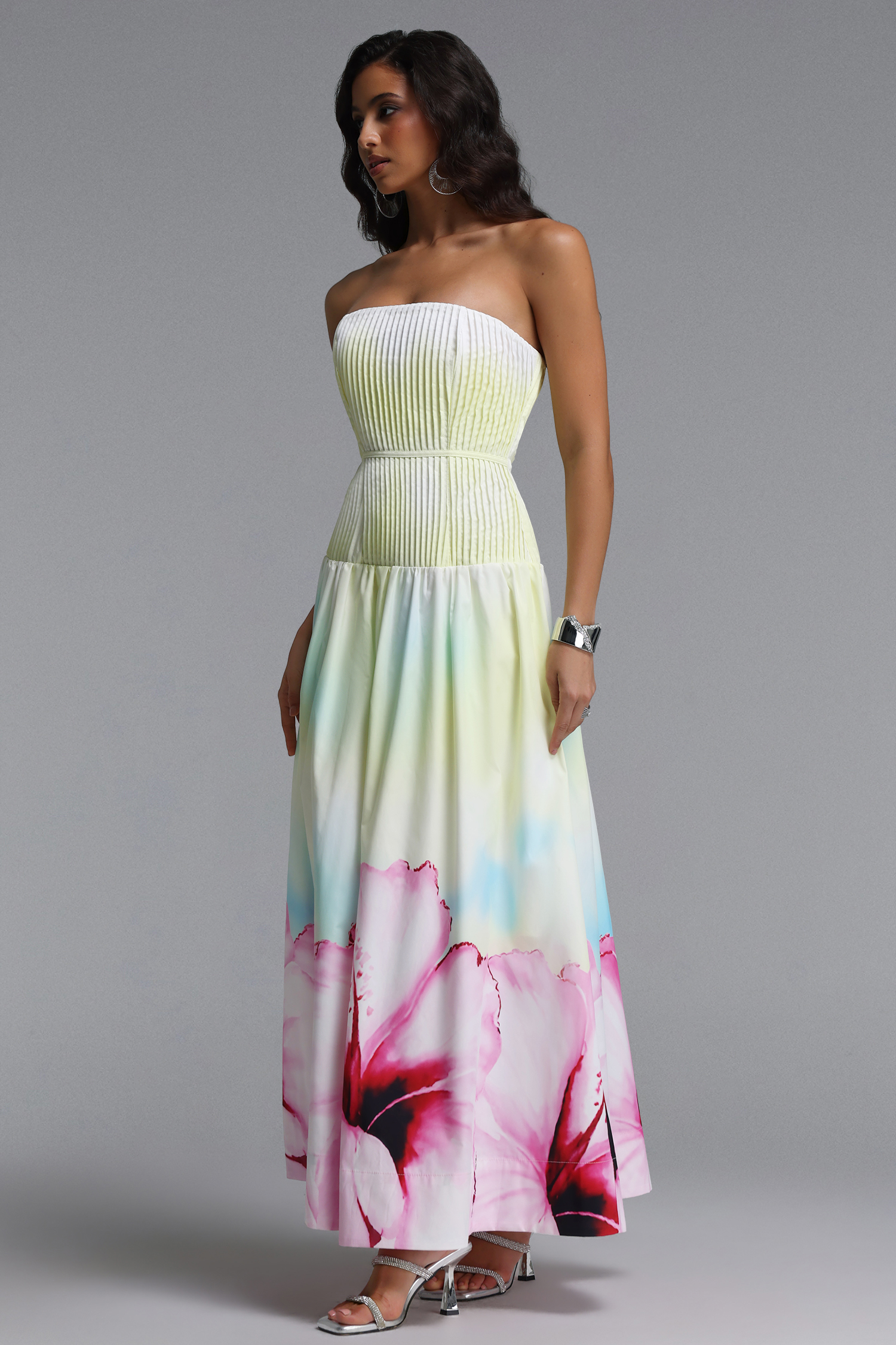 Marge Resort Cinched Sleeveless Floral Print Ruched Woven Maxi Dress