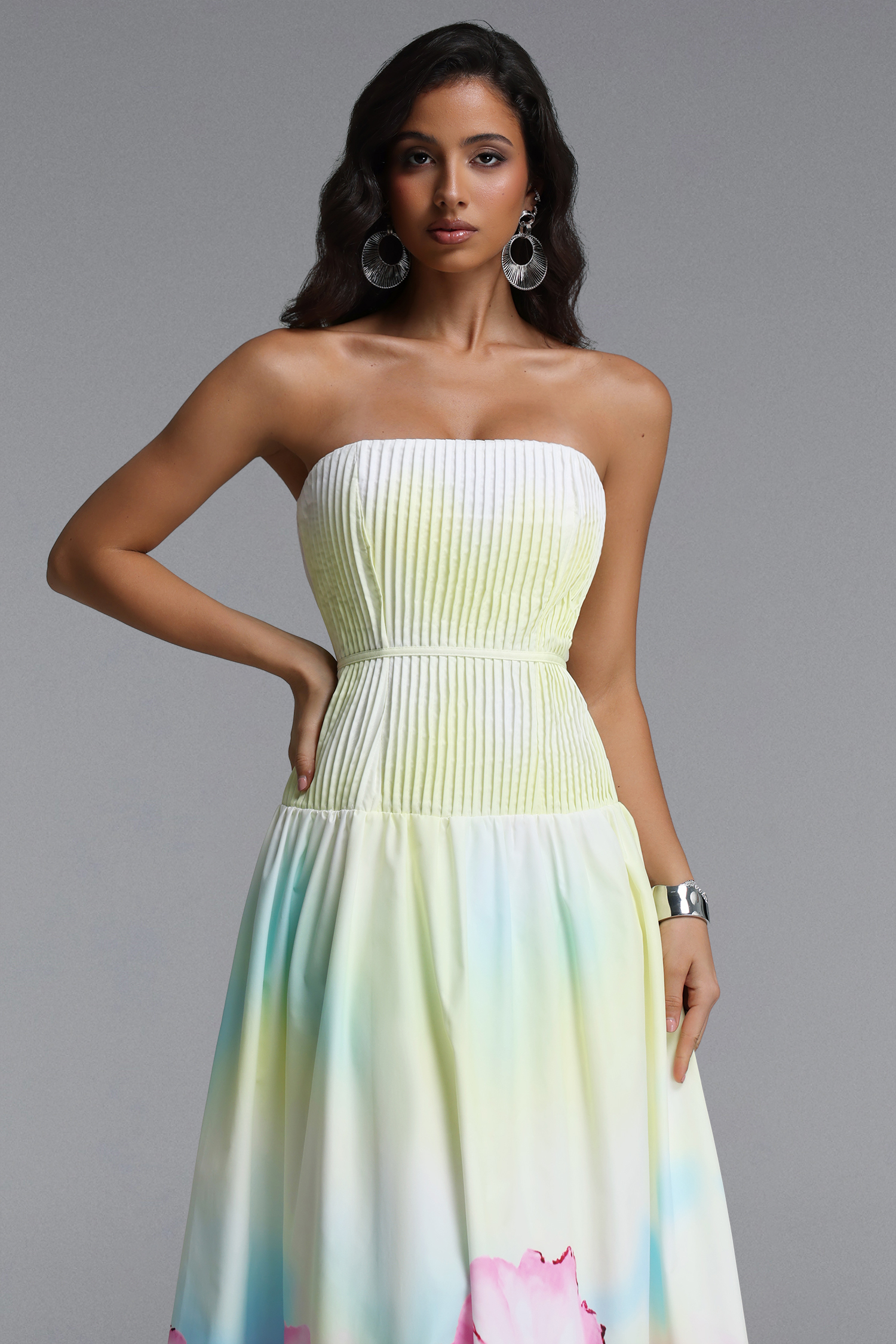 Marge Resort Cinched Sleeveless Floral Print Ruched Woven Maxi Dress