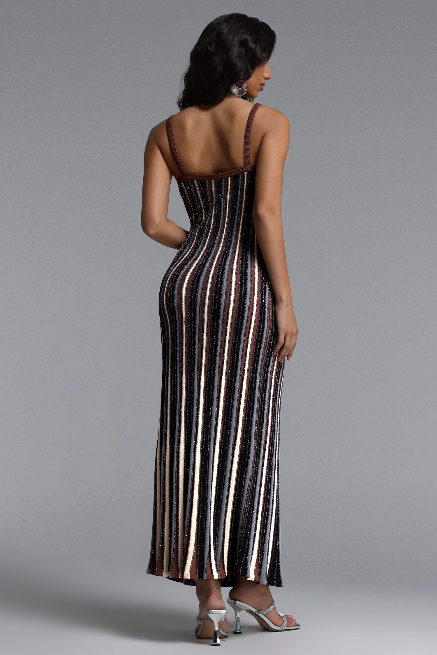 Kash Resort Contour V Neck Sleeveless Sequin Stripe Knit Maxi Dress