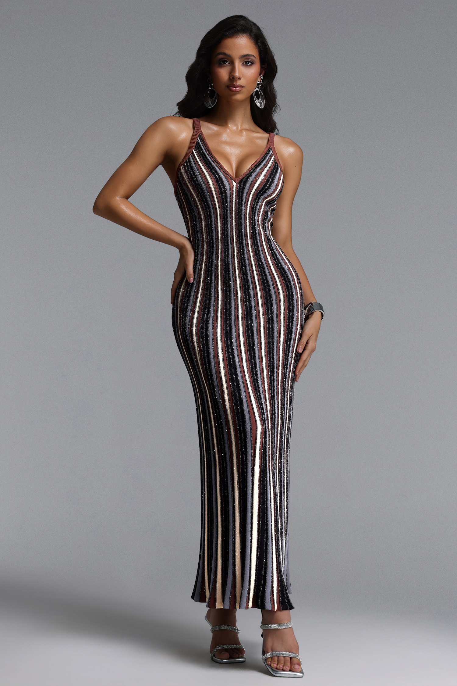 Kash Resort Contour V Neck Sleeveless Sequin Stripe Knit Maxi Dress