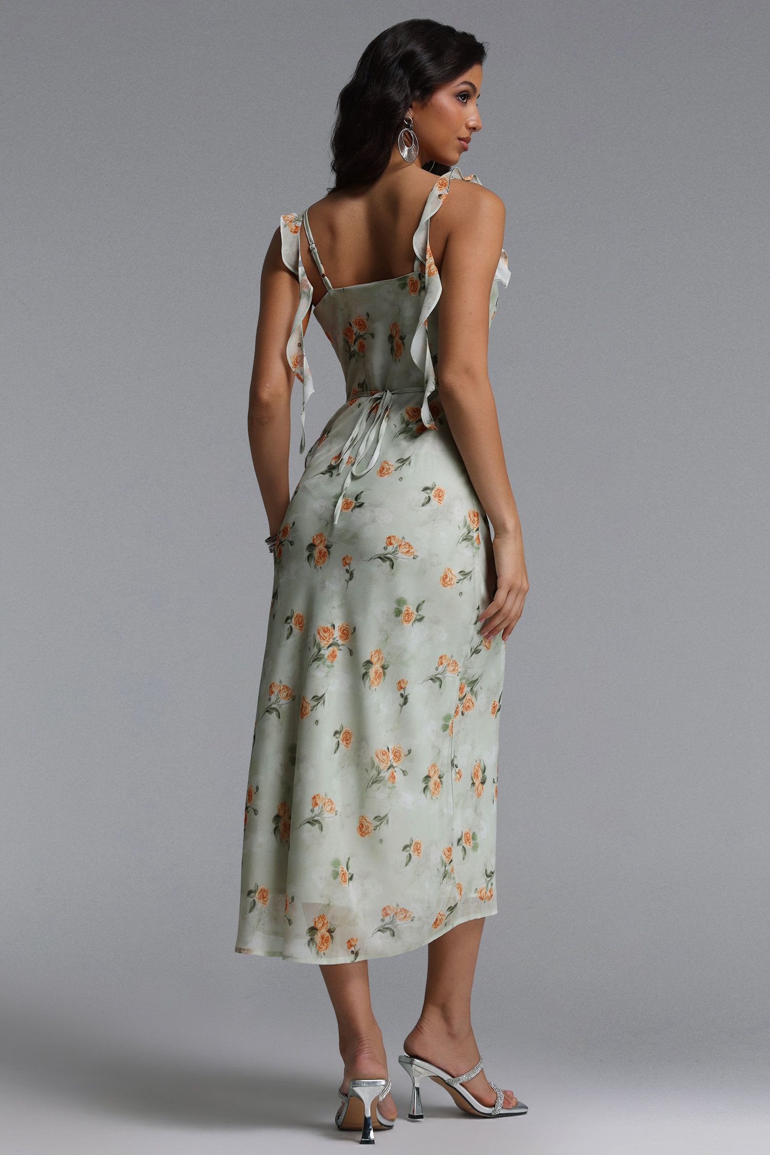Geraldine Romantic Cinched Sleeveless Ruffle Floral Print Woven Maxi Dress