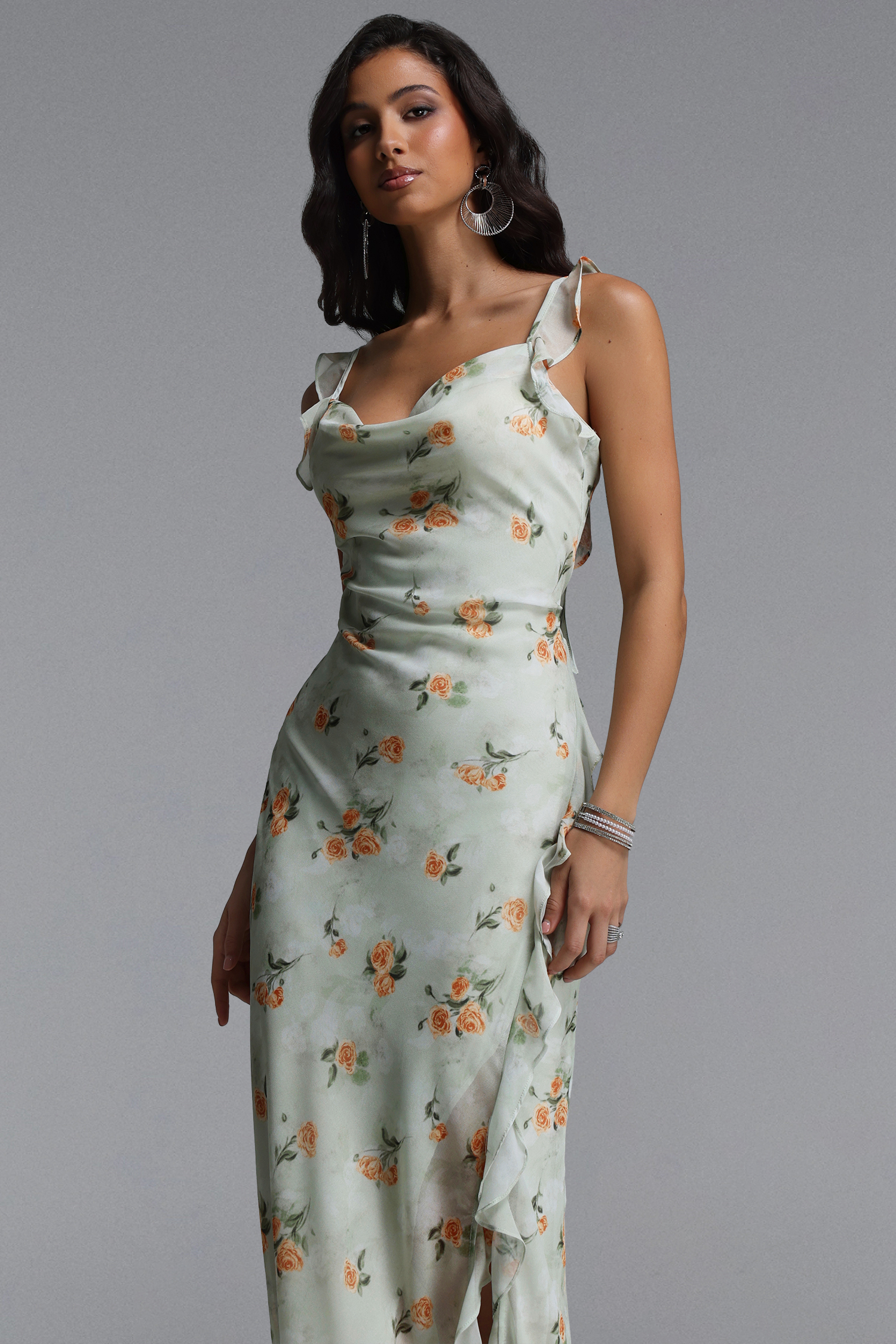 Geraldine Romantic Cinched Sleeveless Ruffle Floral Print Woven Maxi Dress