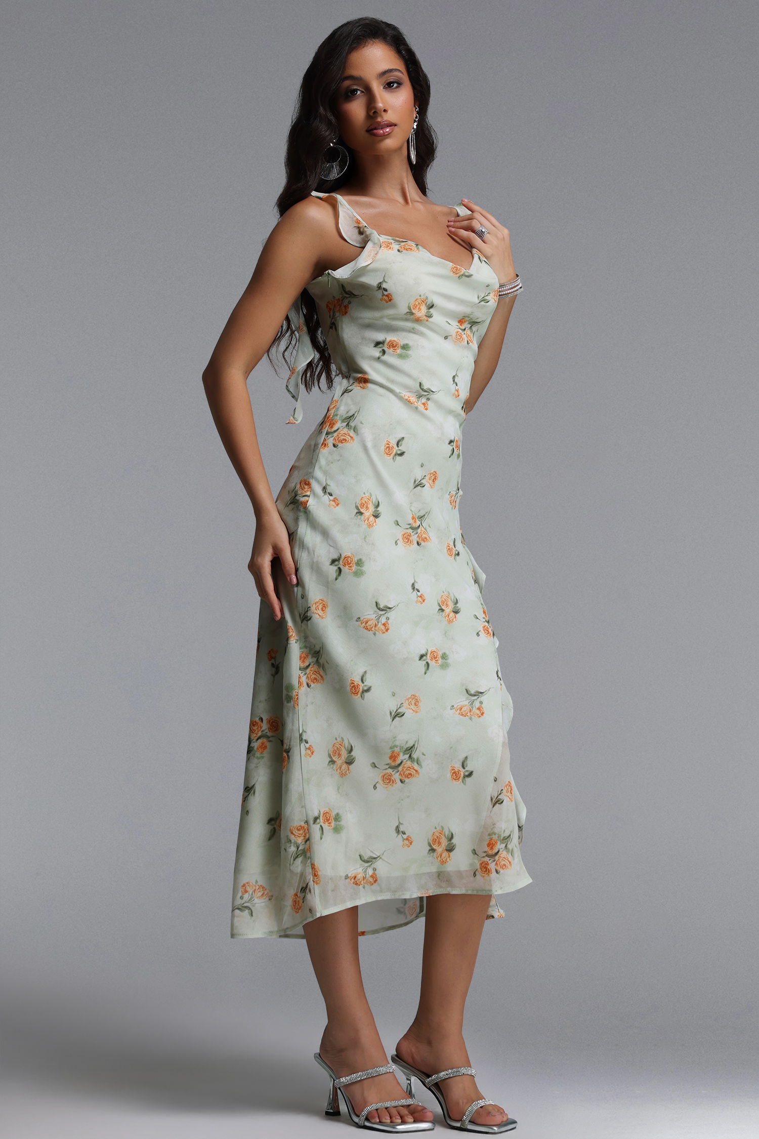 Geraldine Romantic Cinched Sleeveless Ruffle Floral Print Woven Maxi Dress
