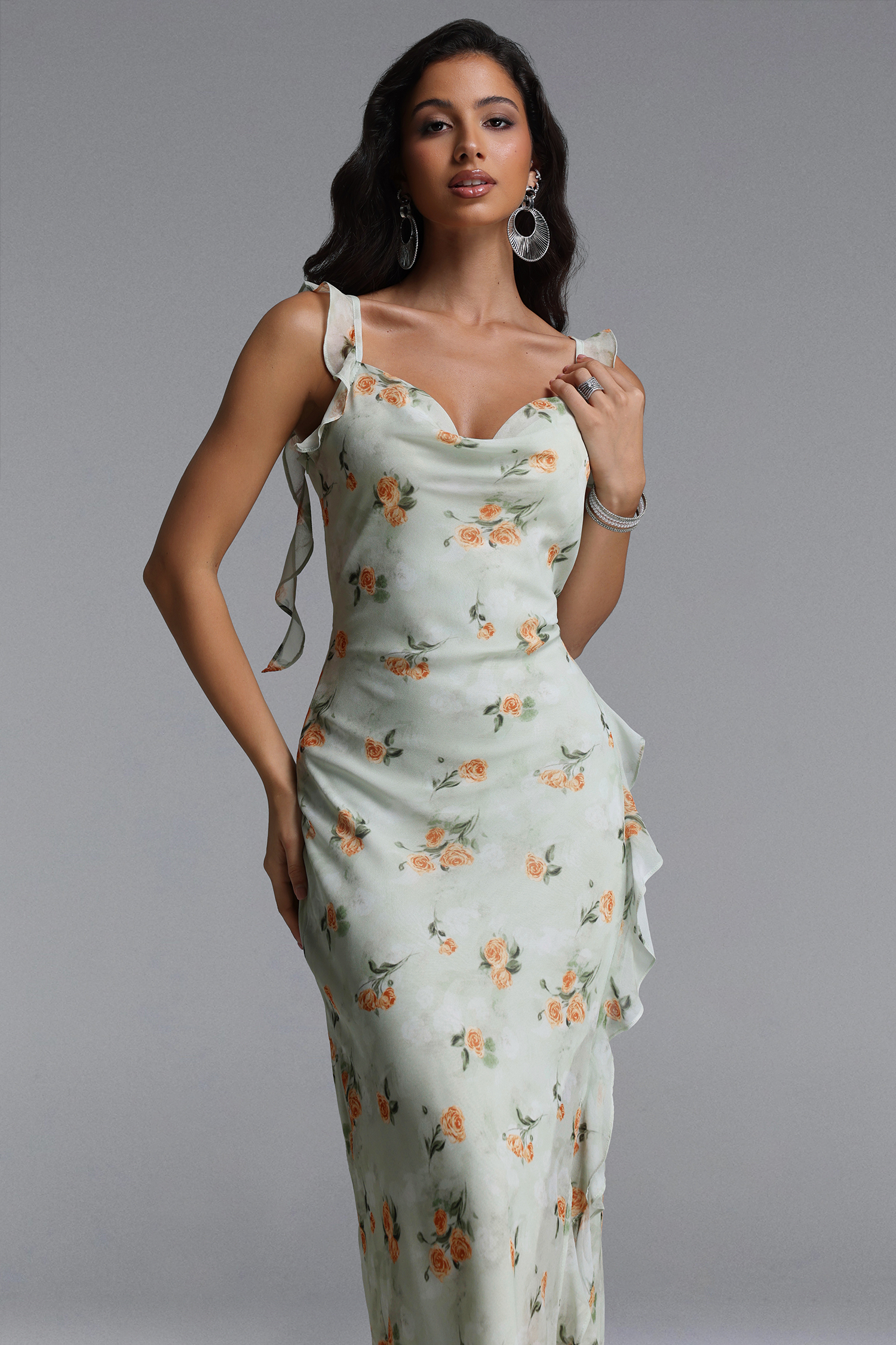Geraldine Romantic Cinched Sleeveless Ruffle Floral Print Woven Maxi Dress