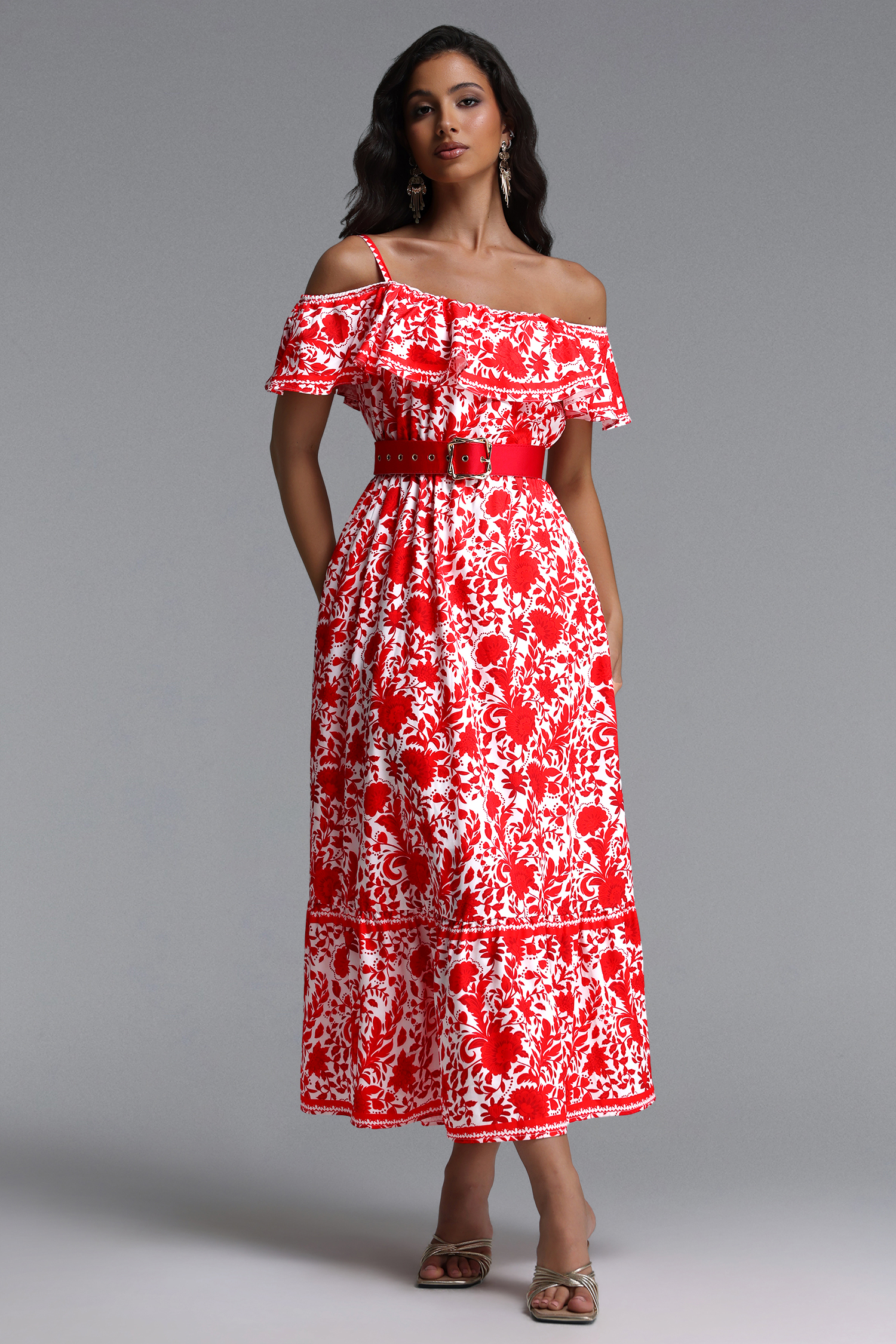 Sweet Resort Flowy Ruffle Floral Print Woven Maxi Dress