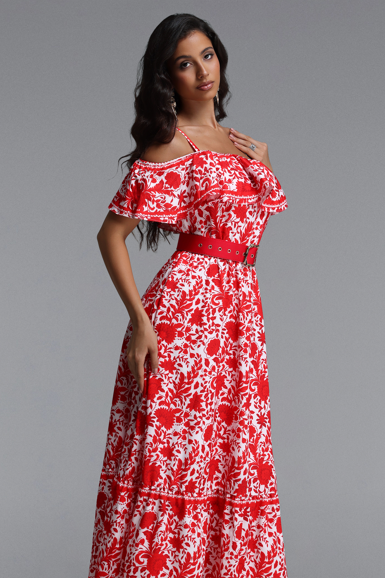 Sweet Resort Flowy Ruffle Floral Print Woven Maxi Dress
