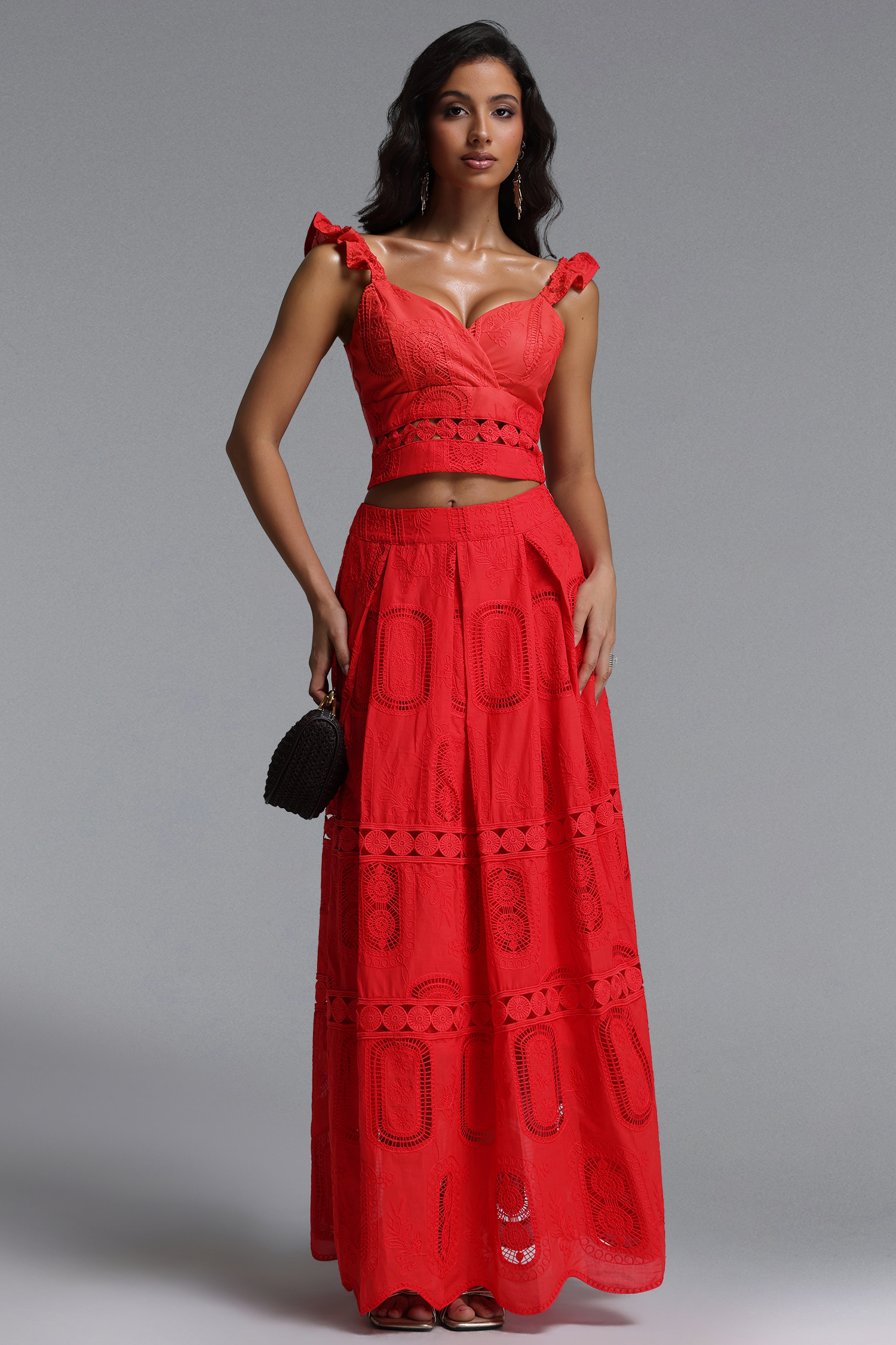 0701  Lali Resort Flowy V Neck Sleeveless Ruffle Woven Top and Skirt Two