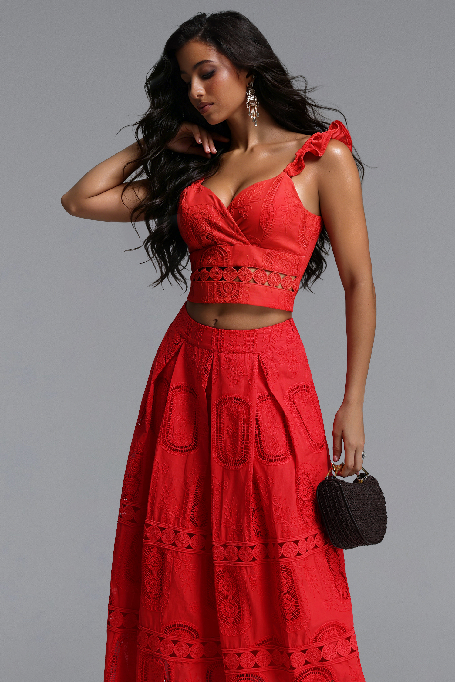 Lali Resort Flowy V Neck Sleeveless Ruffle Woven Top and Skirt Two Piece Set