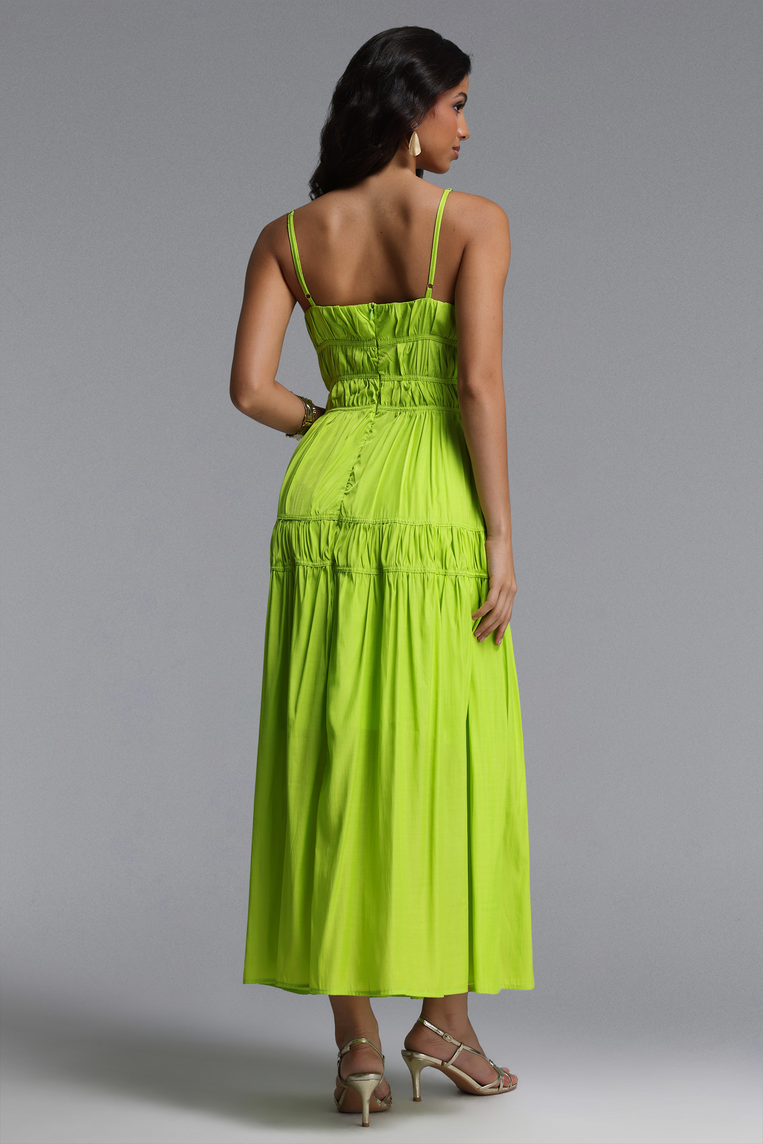 Lolic Resort Flowy V Neck Sleeveless Ruched Woven Maxi Dress