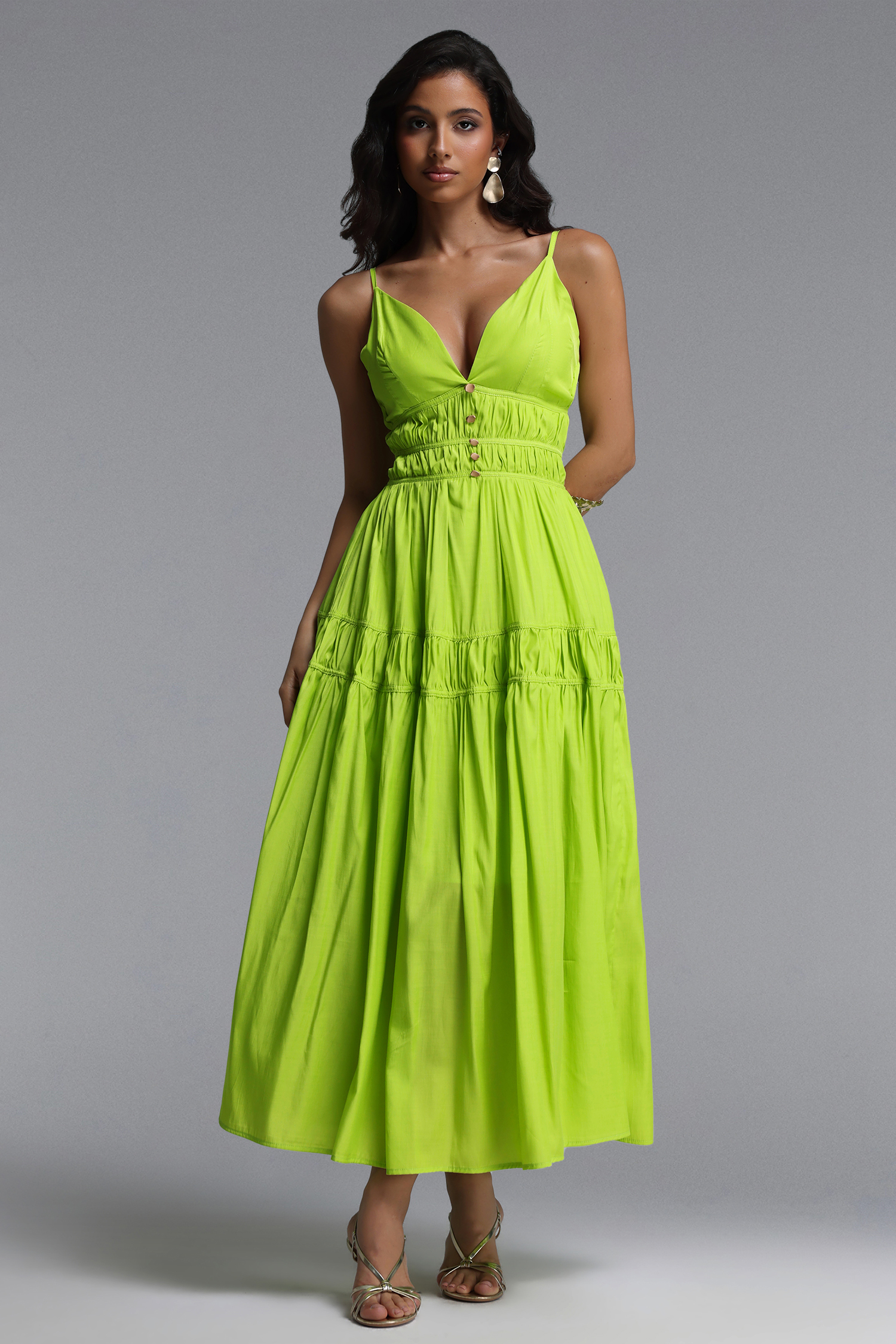 Lolic Resort Flowy V Neck Sleeveless Ruched Woven Maxi Dress