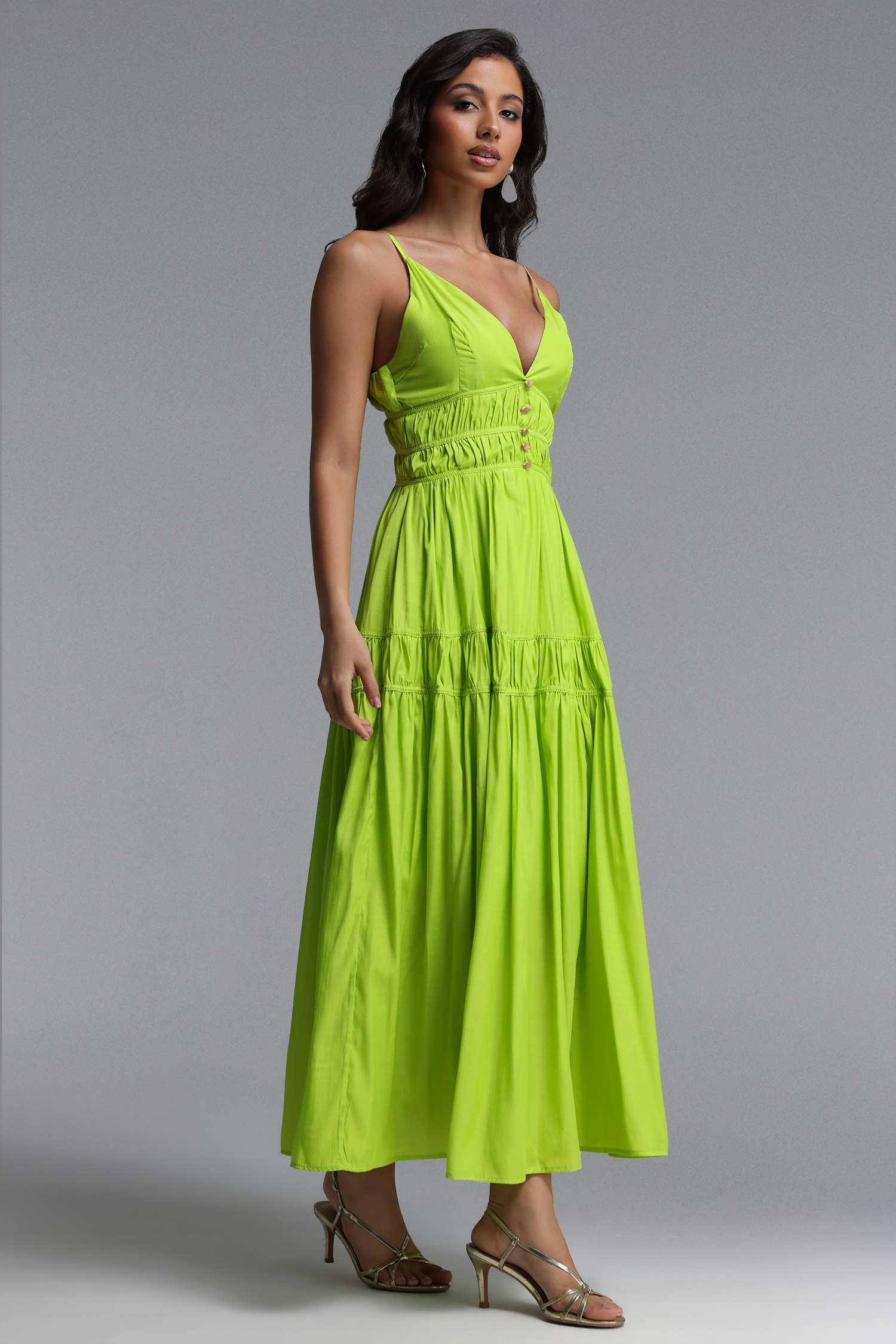 Lolic Resort Flowy V Neck Sleeveless Ruched Woven Maxi Dress
