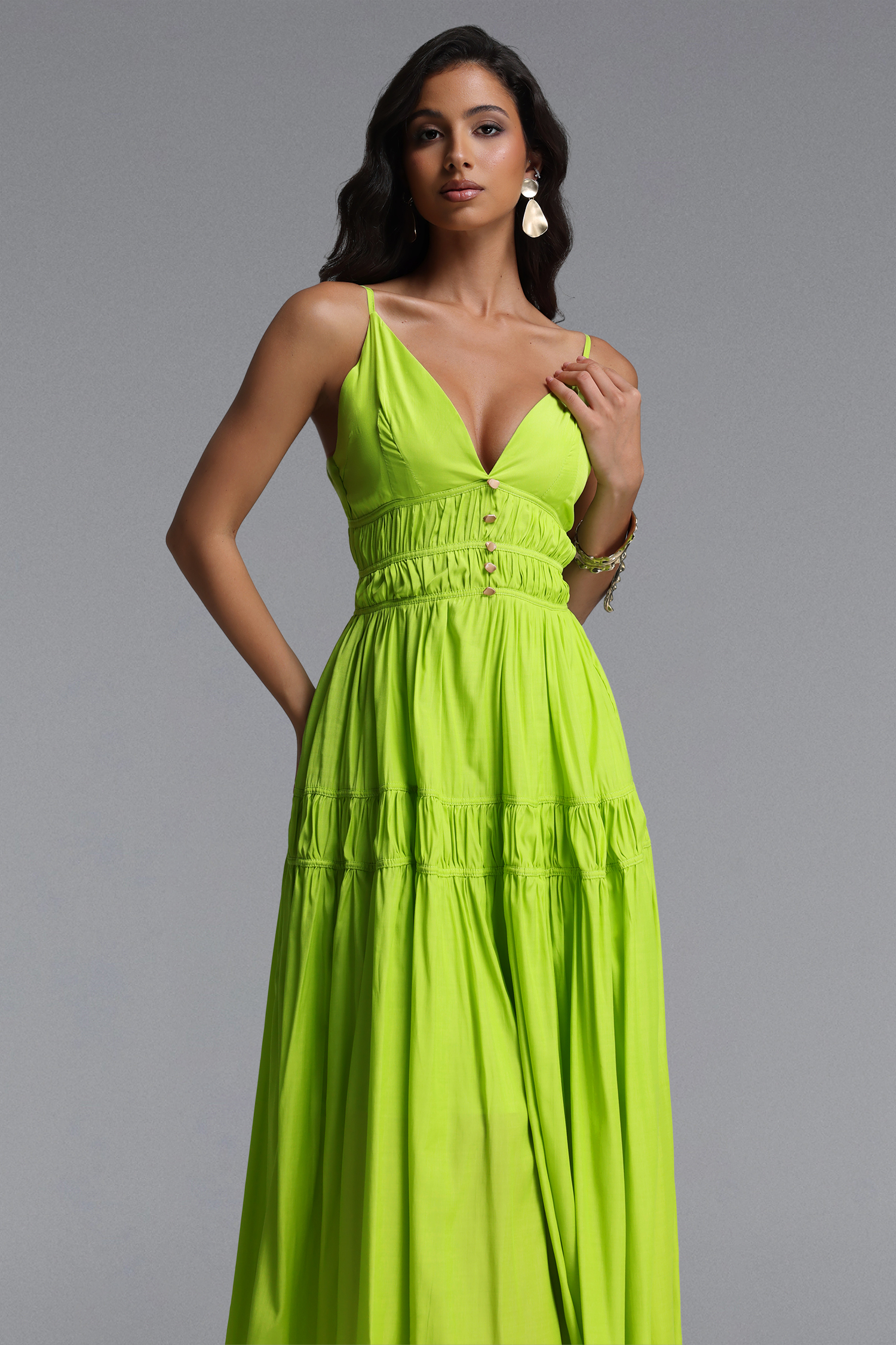 Lolic Resort Flowy V Neck Sleeveless Ruched Woven Maxi Dress
