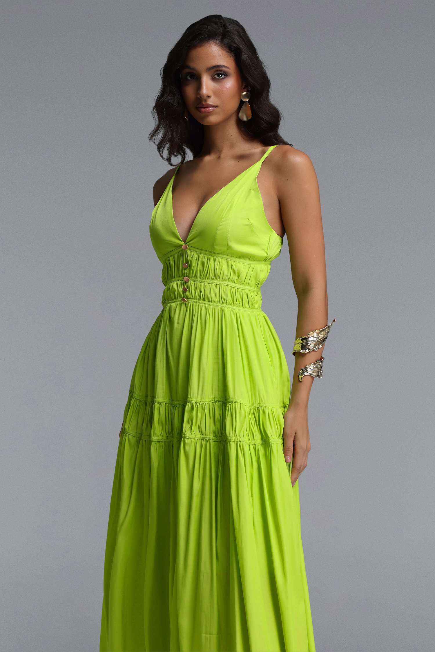 Lolic Resort Flowy V Neck Sleeveless Ruched Woven Maxi Dress