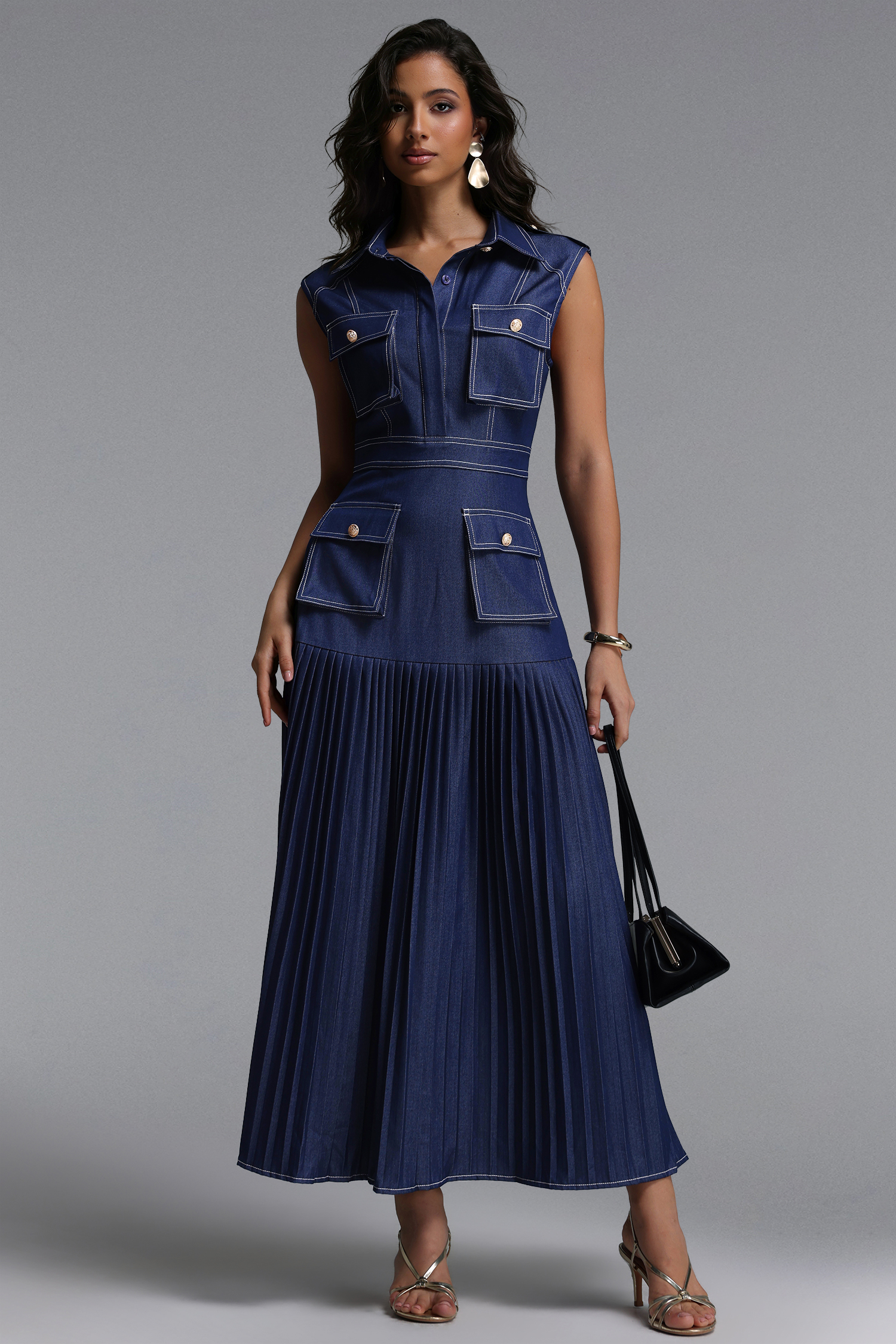 Jouy Elegant Tailored Sleeveless Pleated Denim Maxi Dress
