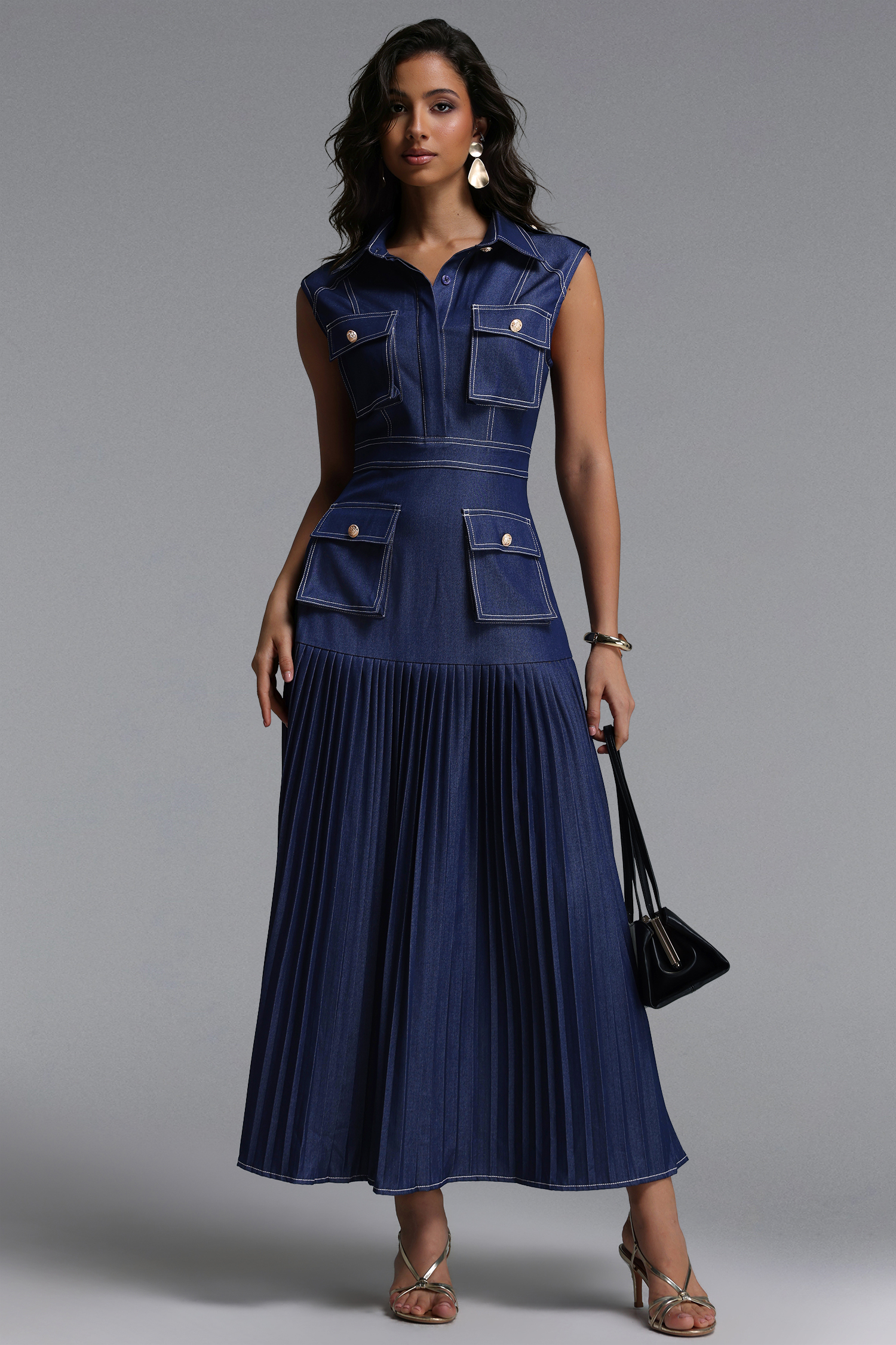 Jouy Elegant Tailored Sleeveless Pleated Maxi Dress