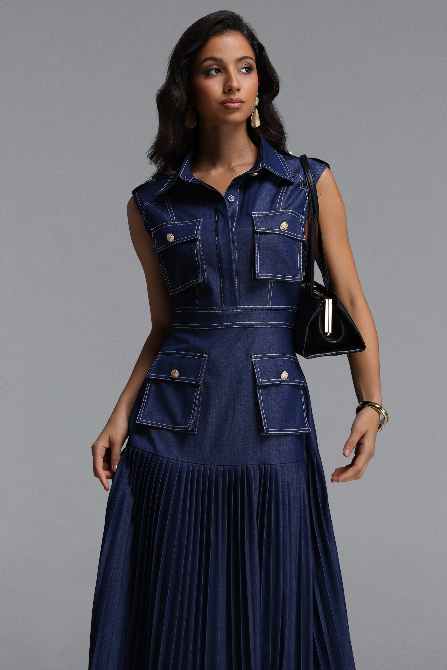 Jouy Elegant Tailored Sleeveless Pleated Maxi Dress