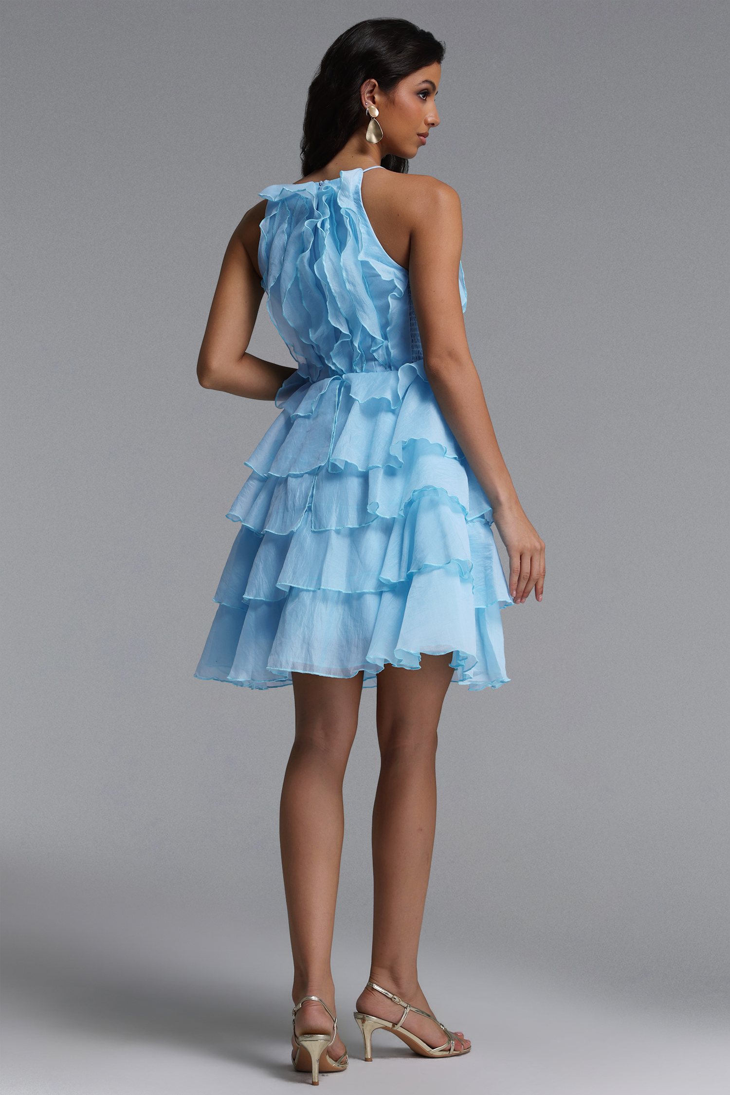 Tanisha Resort Flowy Sleeveless Ruffle Woven Blue Mini Dress