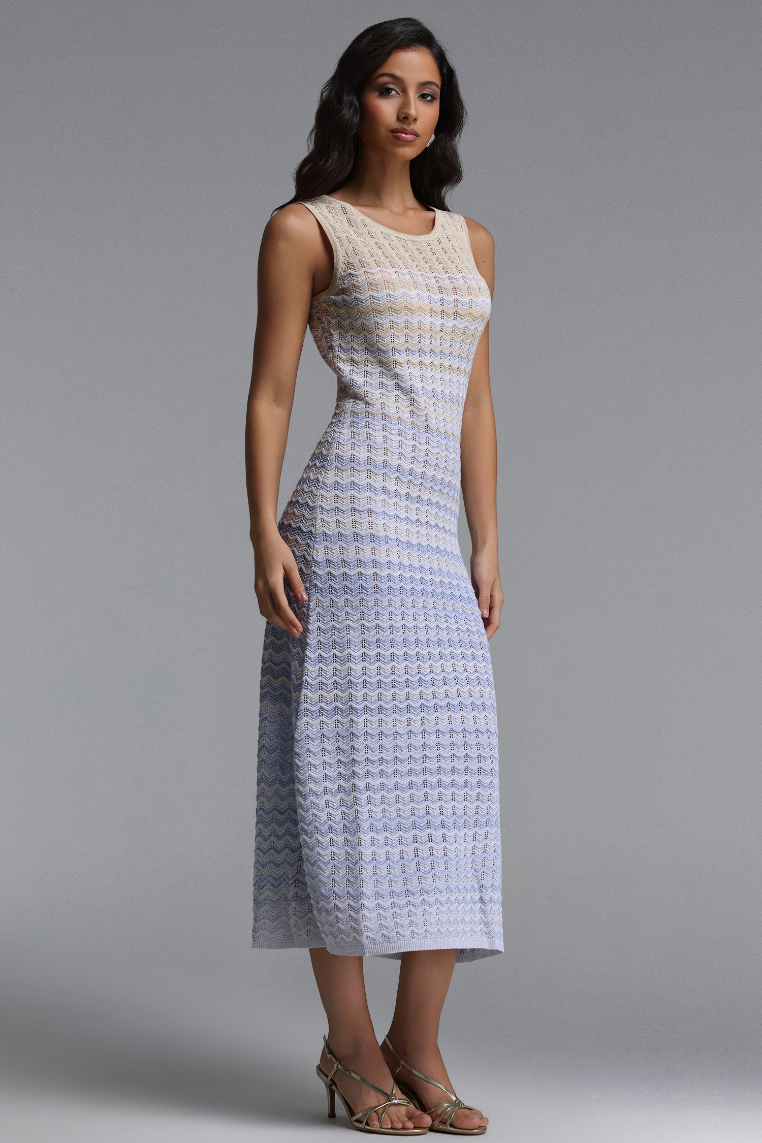 Lauren Resort Contour Round Neck Sleeveless Stripe Knit Maxi Dress