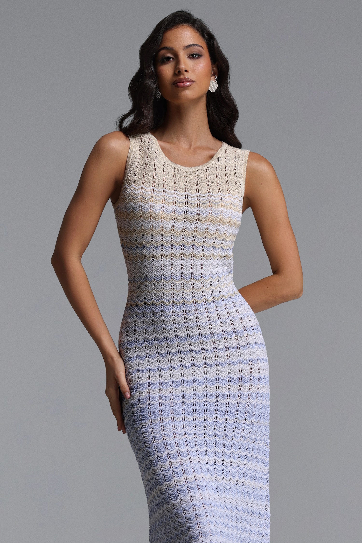 Lauren Resort Contour Round Neck Sleeveless Stripe Knit Maxi Dress