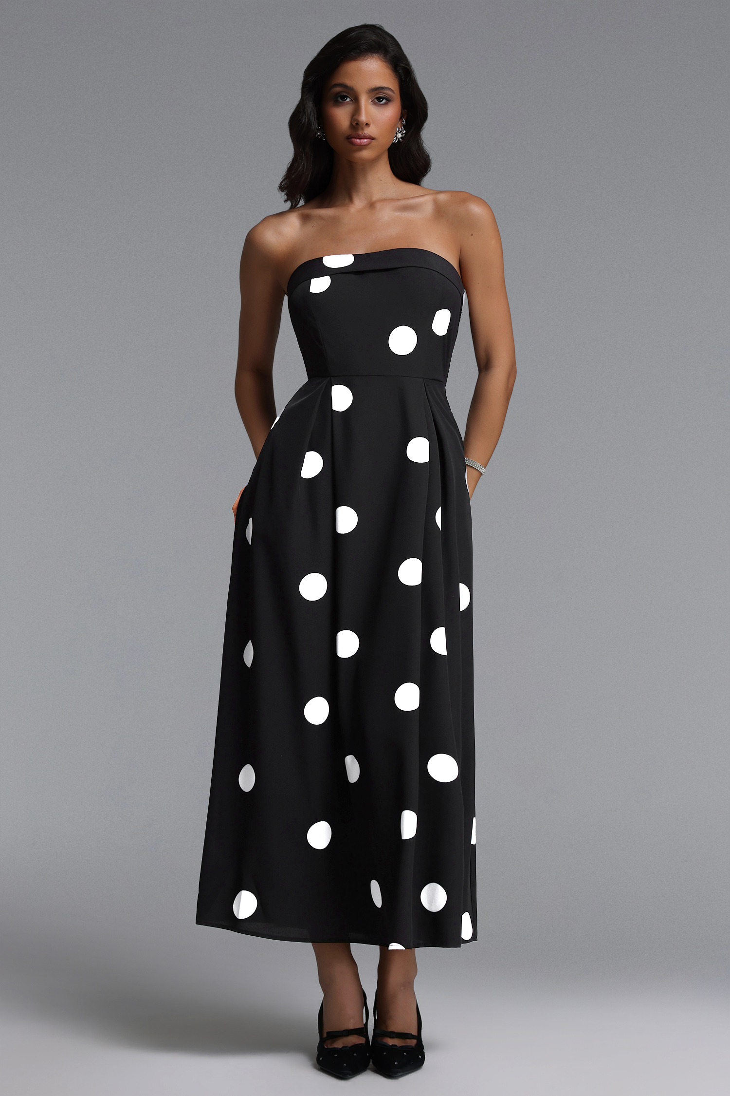Marley Elegant Tailored Sleeveless Polka Dot Woven Maxi Dress