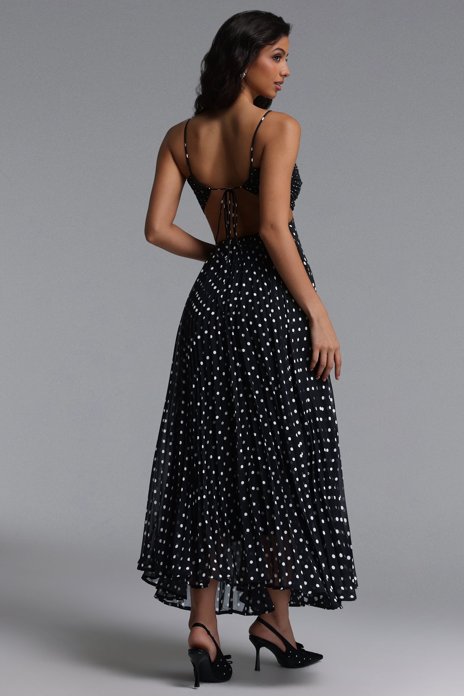 Loka Resort Flowy Sleeveless Cut Out Pleated Polka Dot Woven Maxi Dress