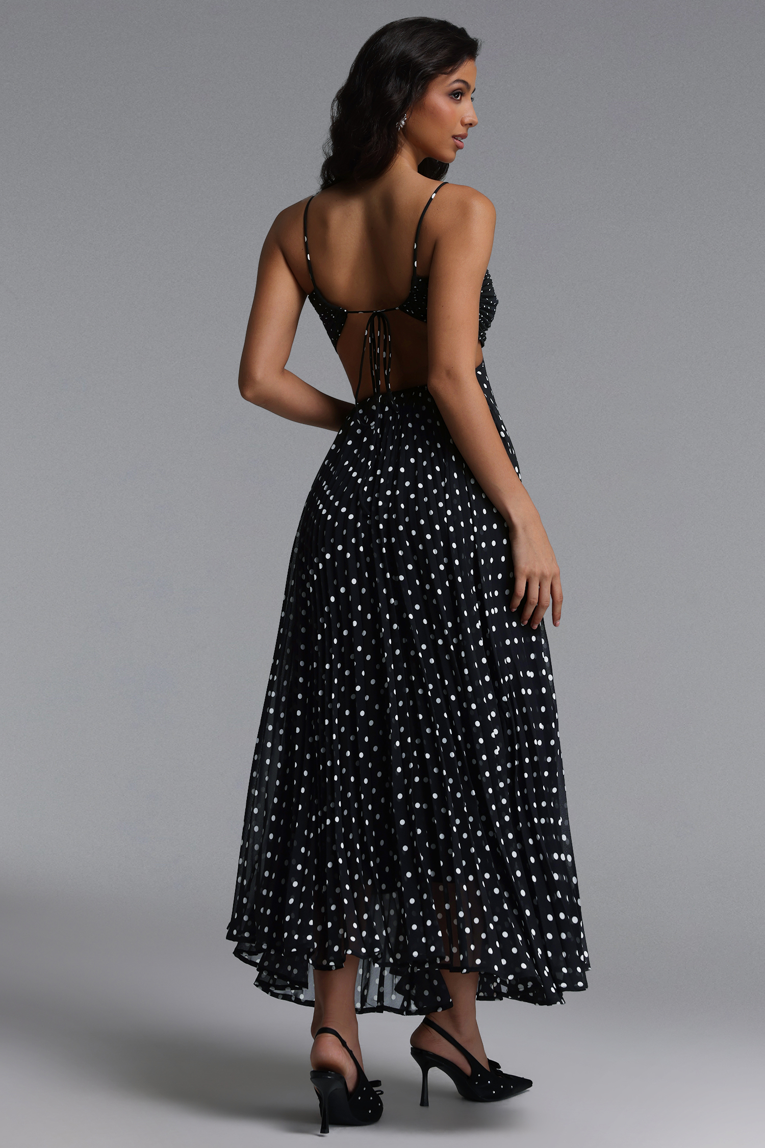 Loka Resort Flowy Sleeveless Cut Out Pleated Polka Dot Woven Maxi Dress