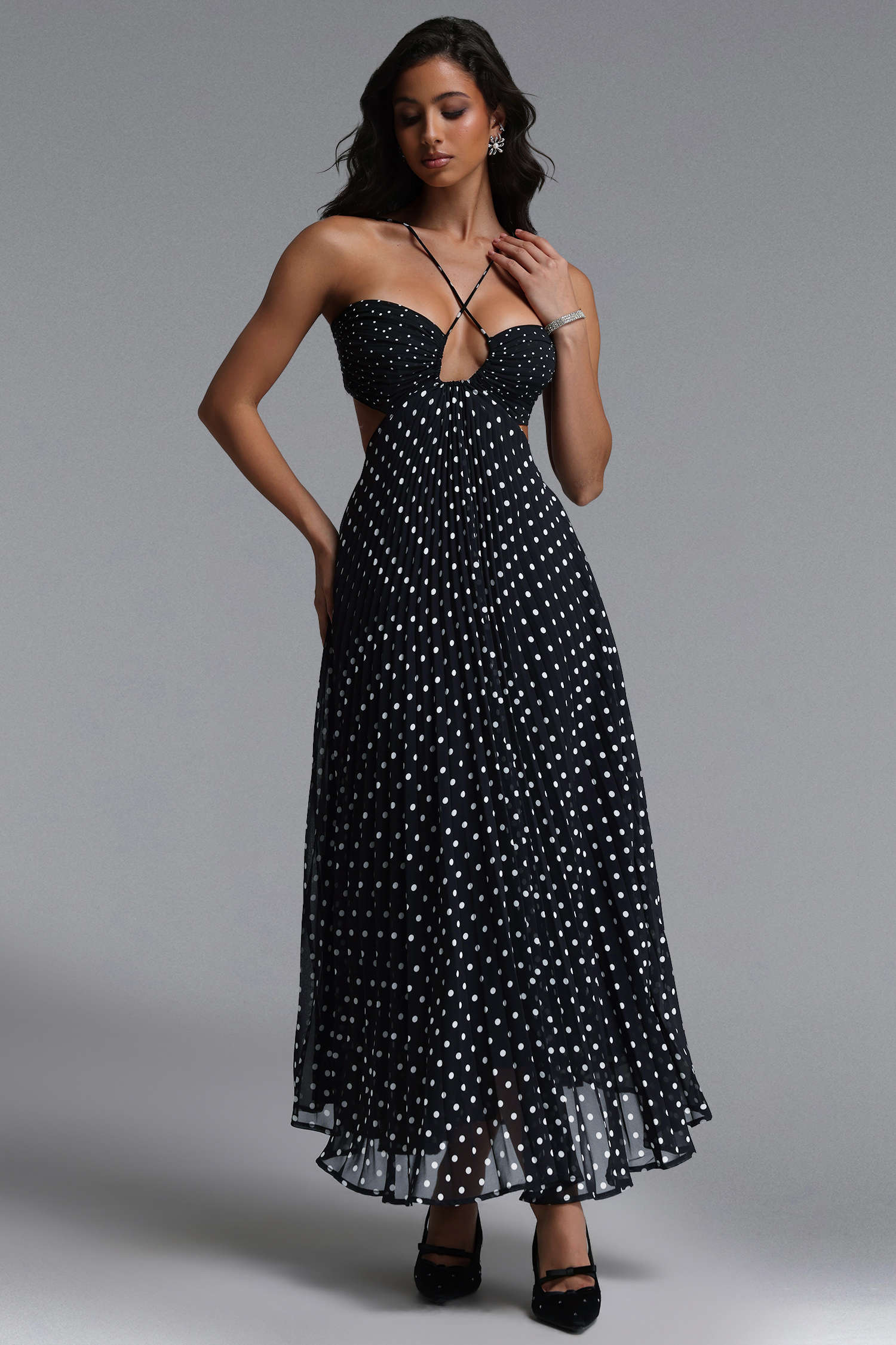 Loka Resort Flowy Sleeveless Cut Out Pleated Polka Dot Woven Maxi Dress