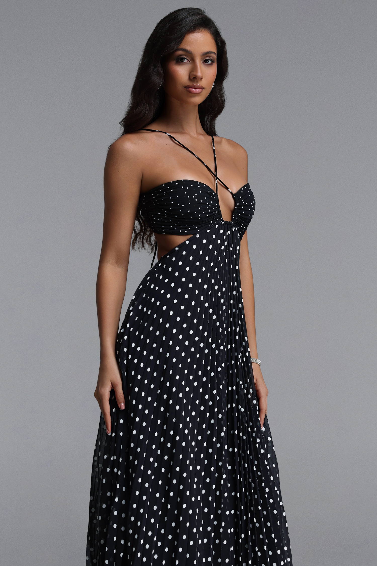 Loka Resort Flowy Sleeveless Cut Out Pleated Polka Dot Woven Maxi Dress