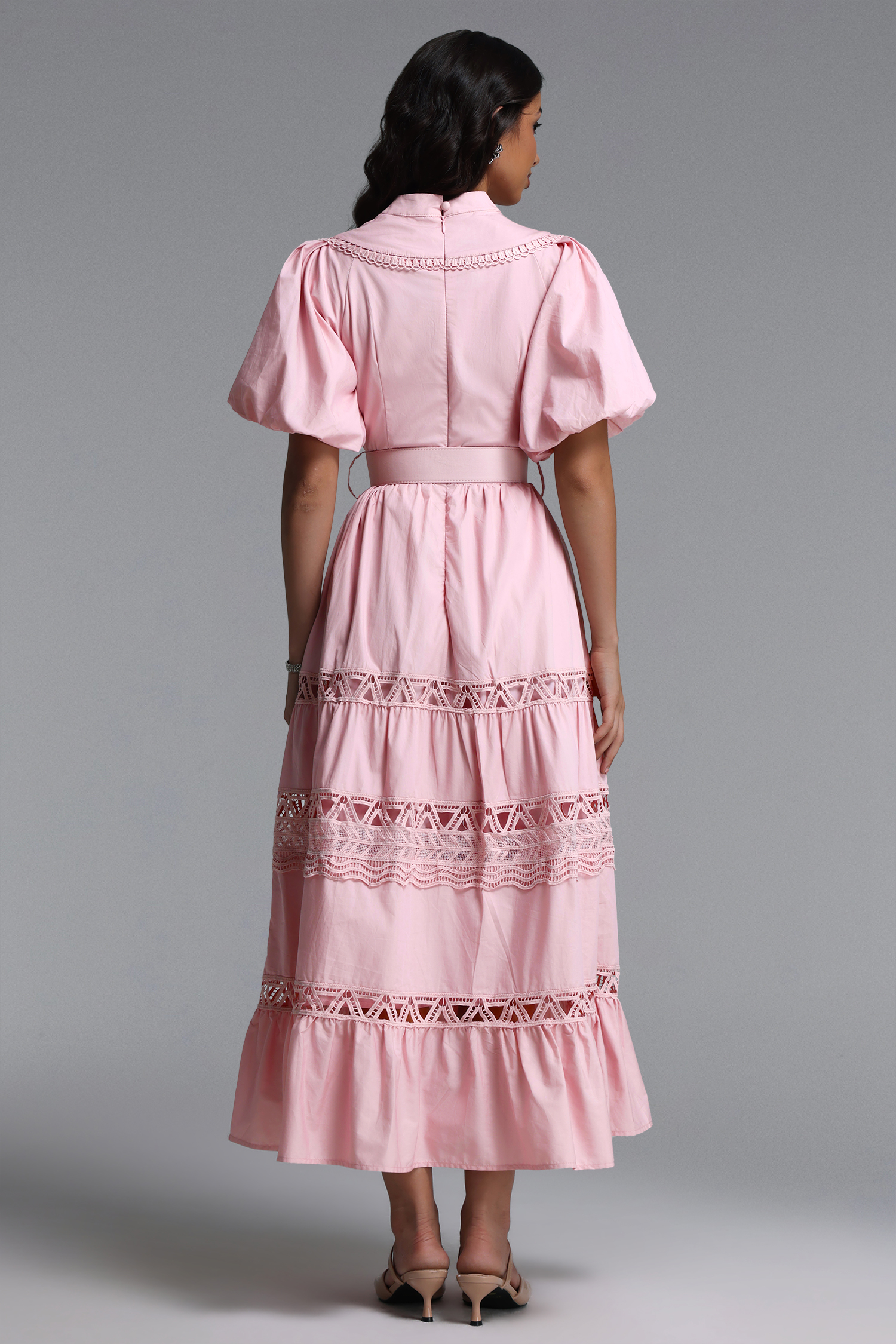 Lenra Elegant Cinched V Neck Puff Sleeve Woven Maxi Dress